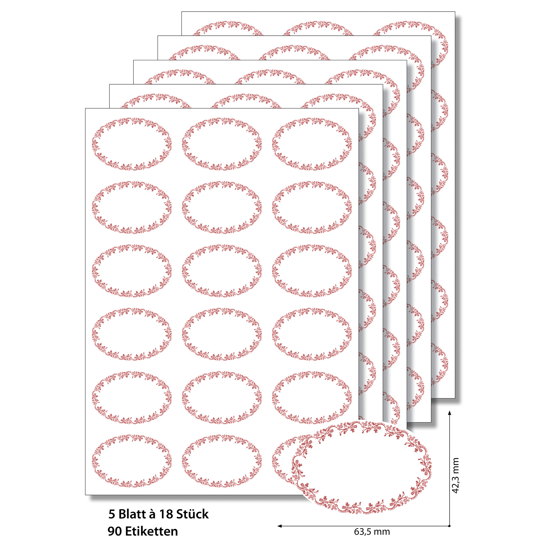Etiketten oval 'Ornamente' rot - 50 Blatt A4
