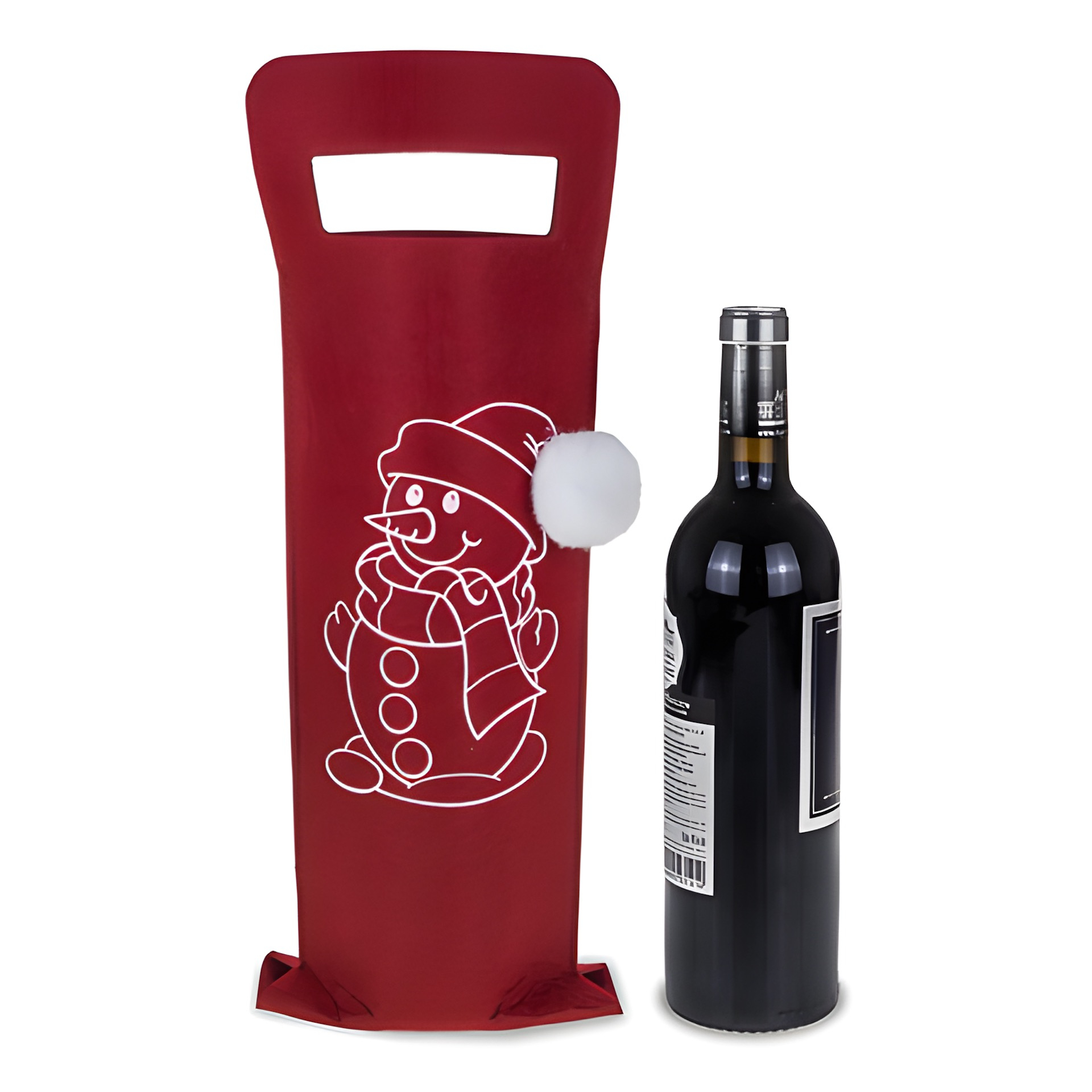 Flaschentasche 'Schneemann mit Bommel' Filz, 15 x 41 cm, rot