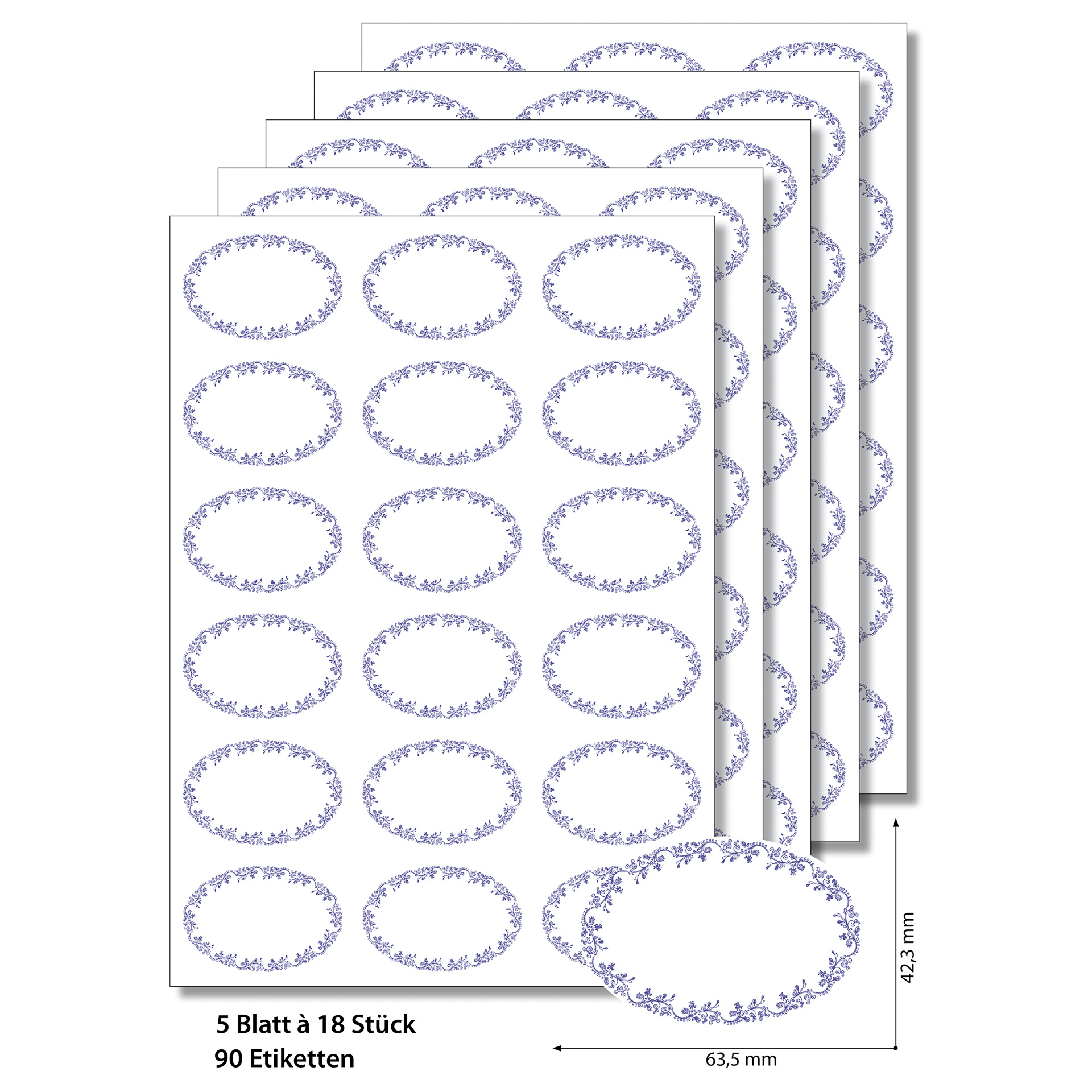 Etiketten oval 'Ornamente' blau -   5 Blatt A4