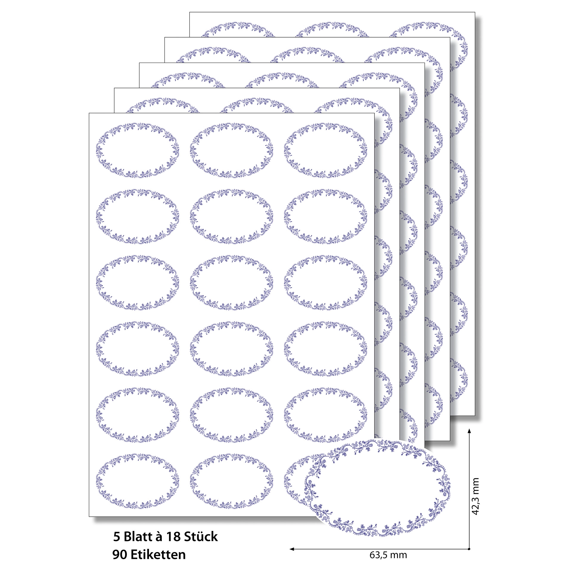 Etiketten oval 'Ornamente' blau -   5 Blatt A4