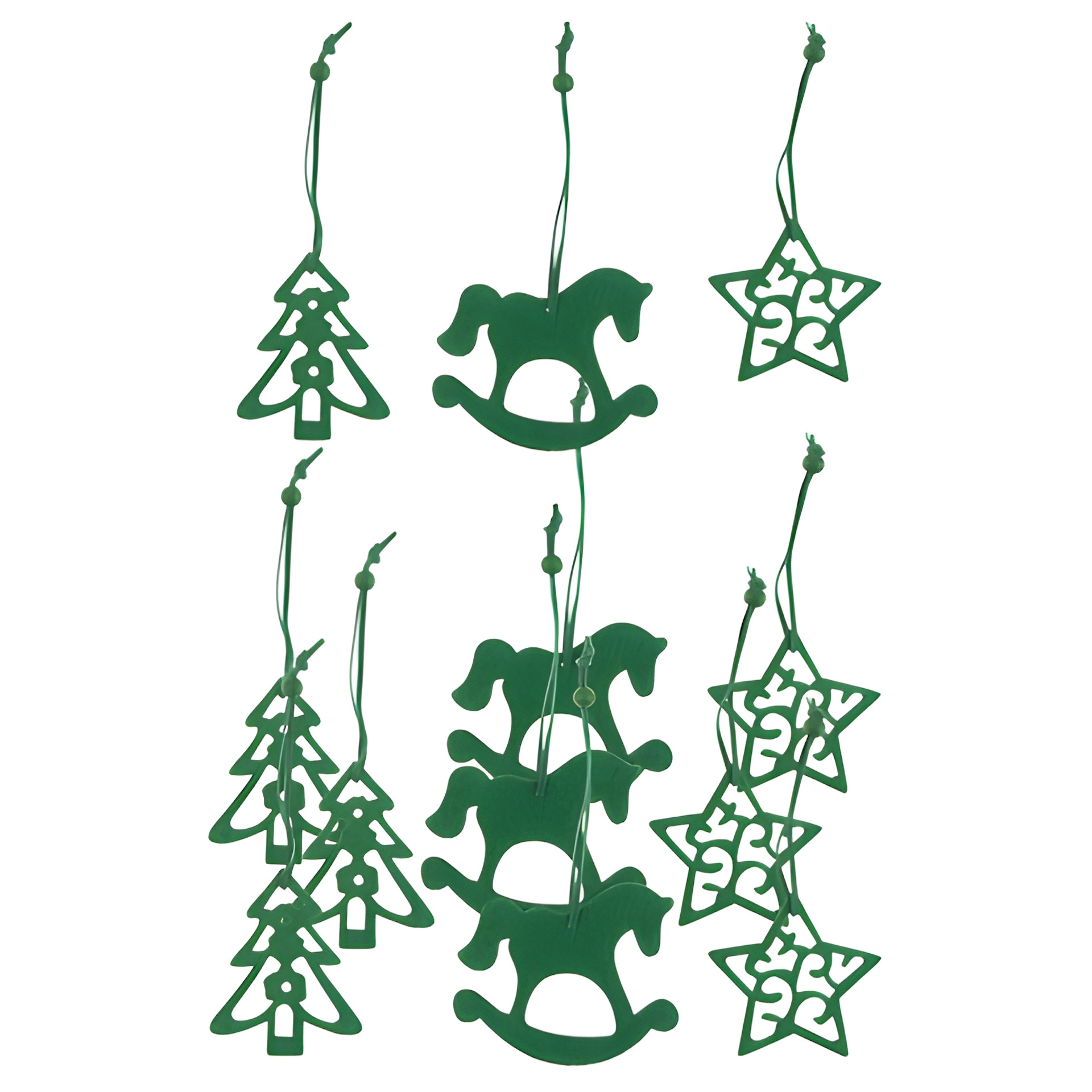 Filz-Anhänger 'Tanne, Stern, Schaukelpferd' grün, 12 Stück