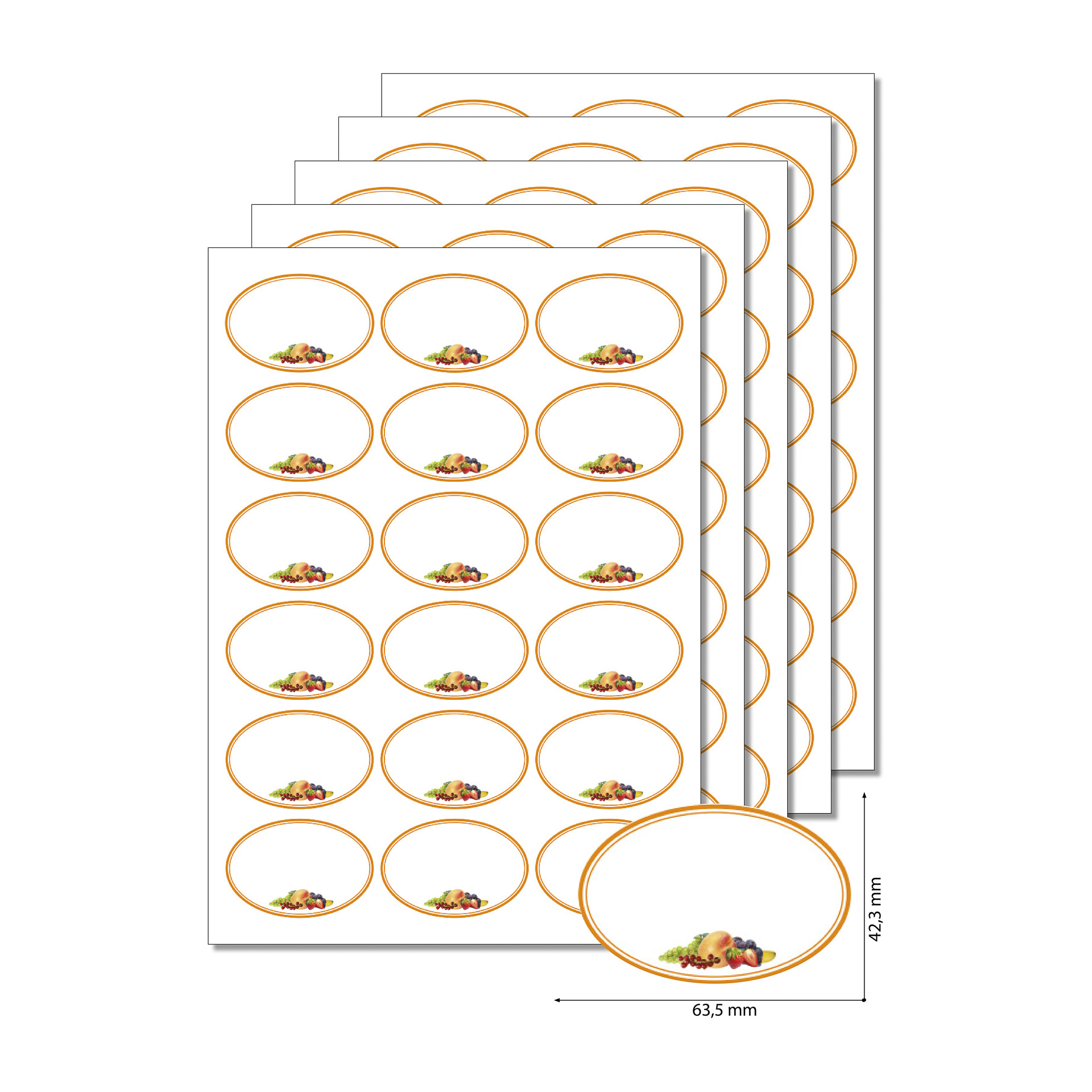 Etiketten oval 'Orangener Rahmen mit Obst' -  5 Blatt A4