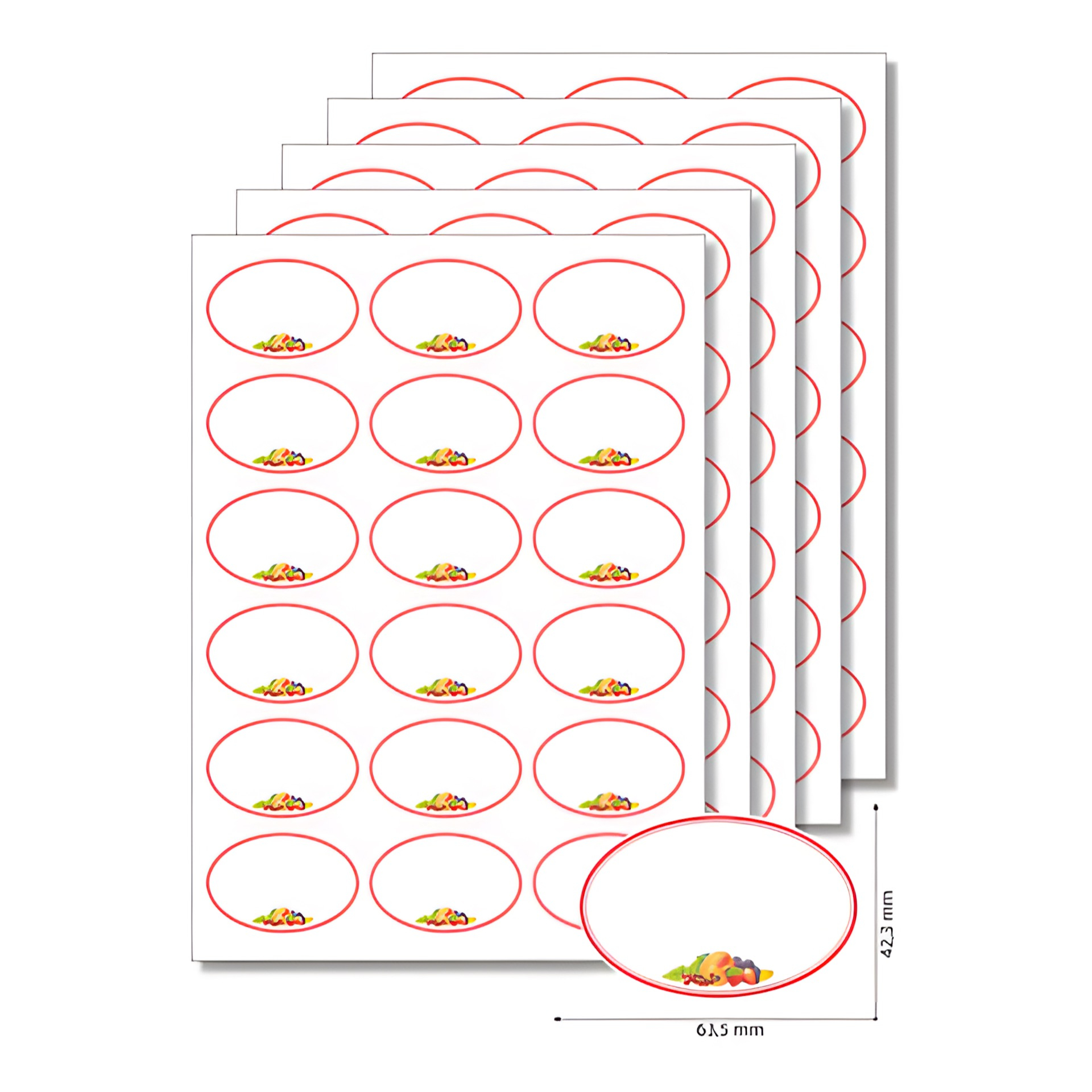 Etiketten oval 'Roter Rahmen mit Obst' -  5 Blatt A4
