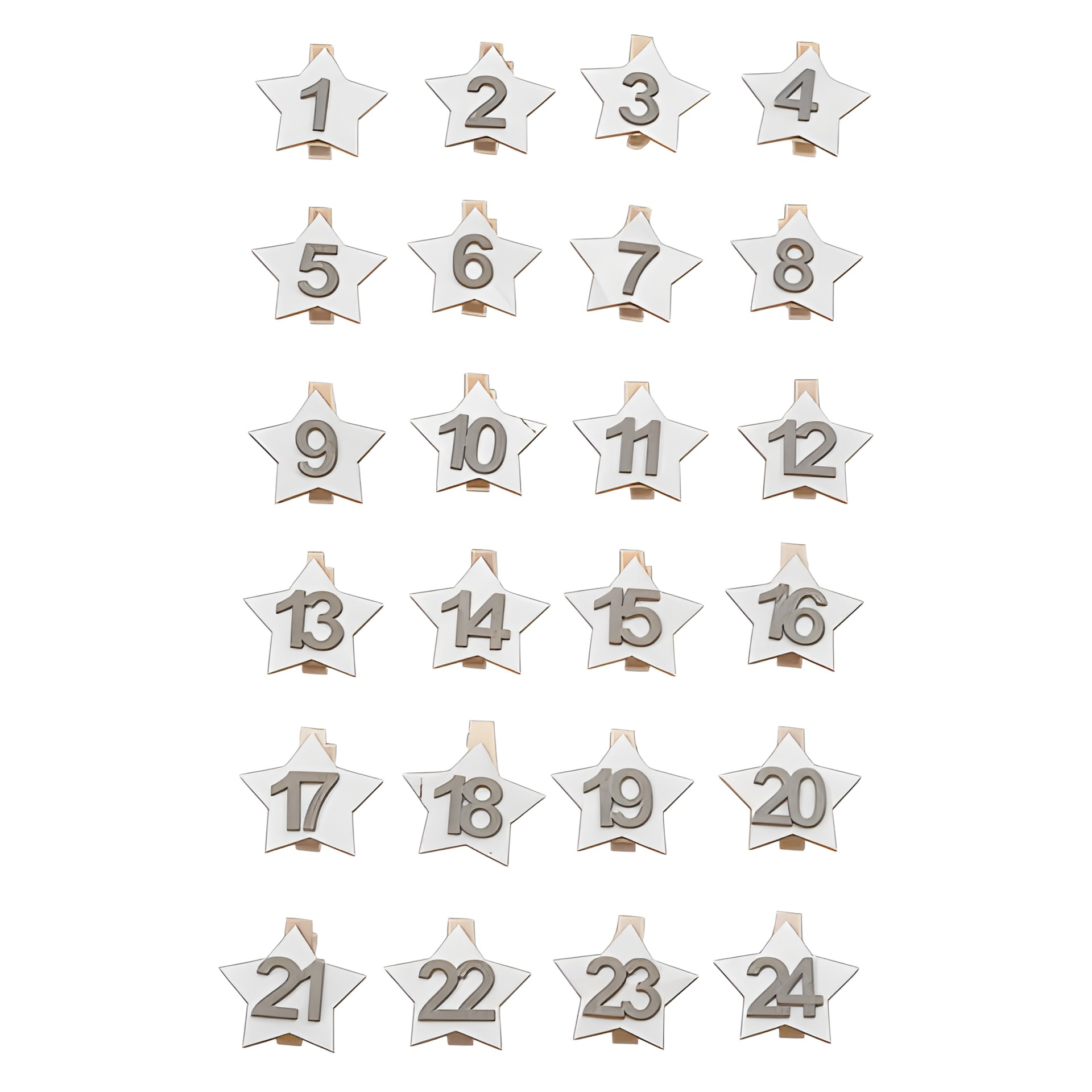Adventskalender-Zahlen 'Stern' auf Holzklammer, weiß, 24 Stück