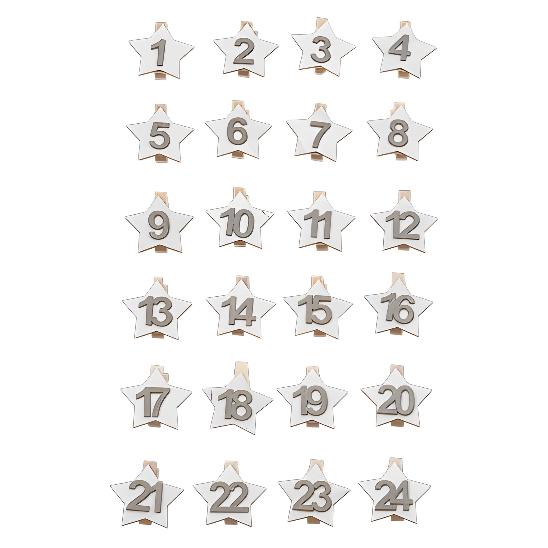 Adventskalender-Zahlen 'Stern' auf Holzklammer, weiß, 24 Stück