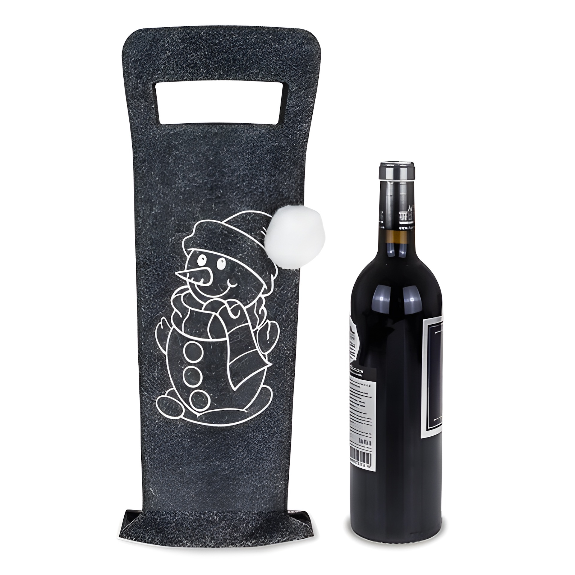 Flaschentasche 'Schneemann mit Bommel' Filz, 15 x 41 cm, grau