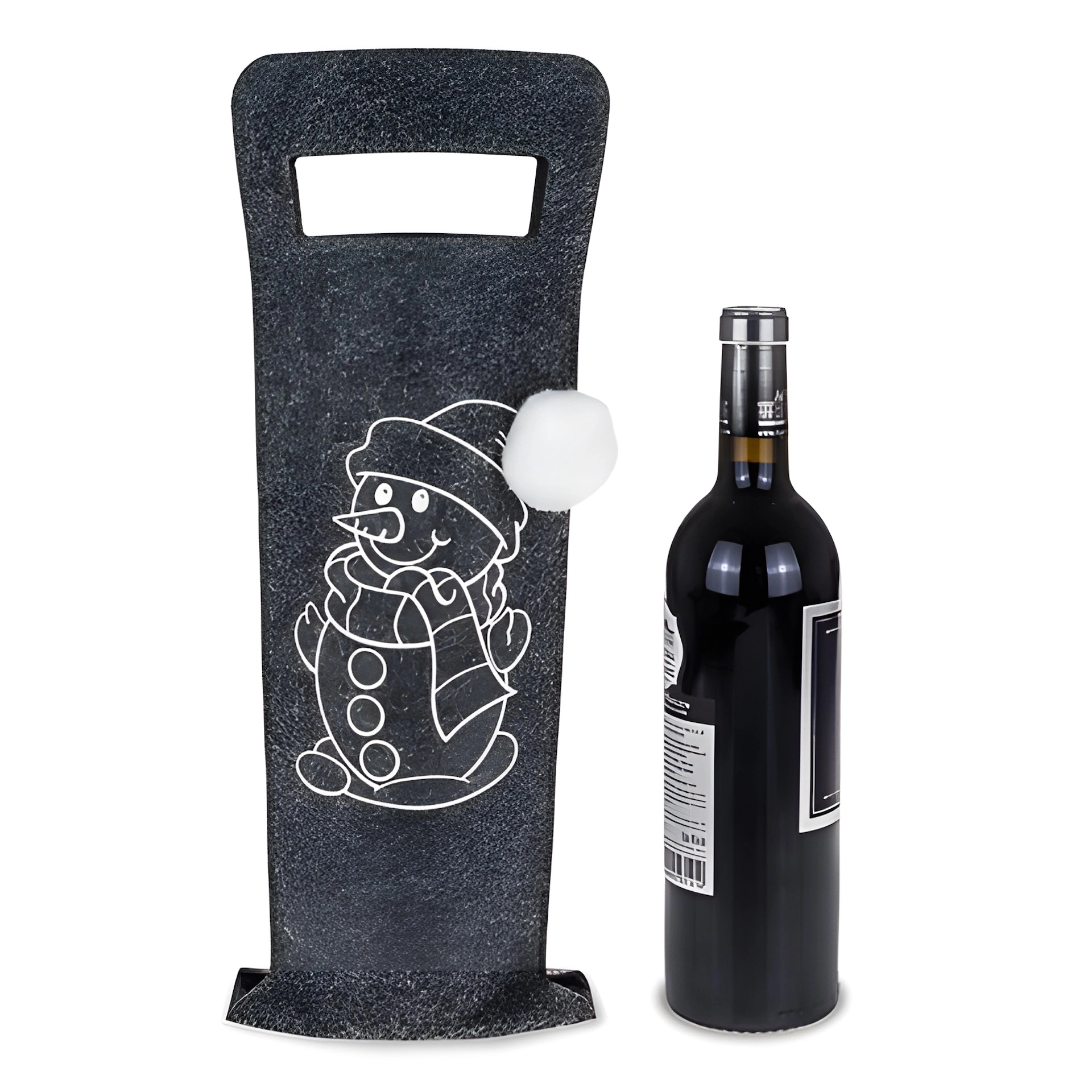 Flaschentasche 'Schneemann mit Bommel' Filz, 15 x 41 cm, grau