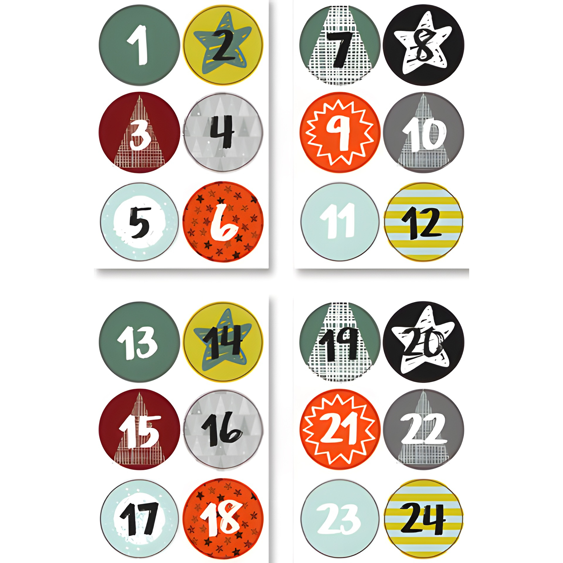 Adventskalender-Zahlen in 3 Farben, 72 Stück