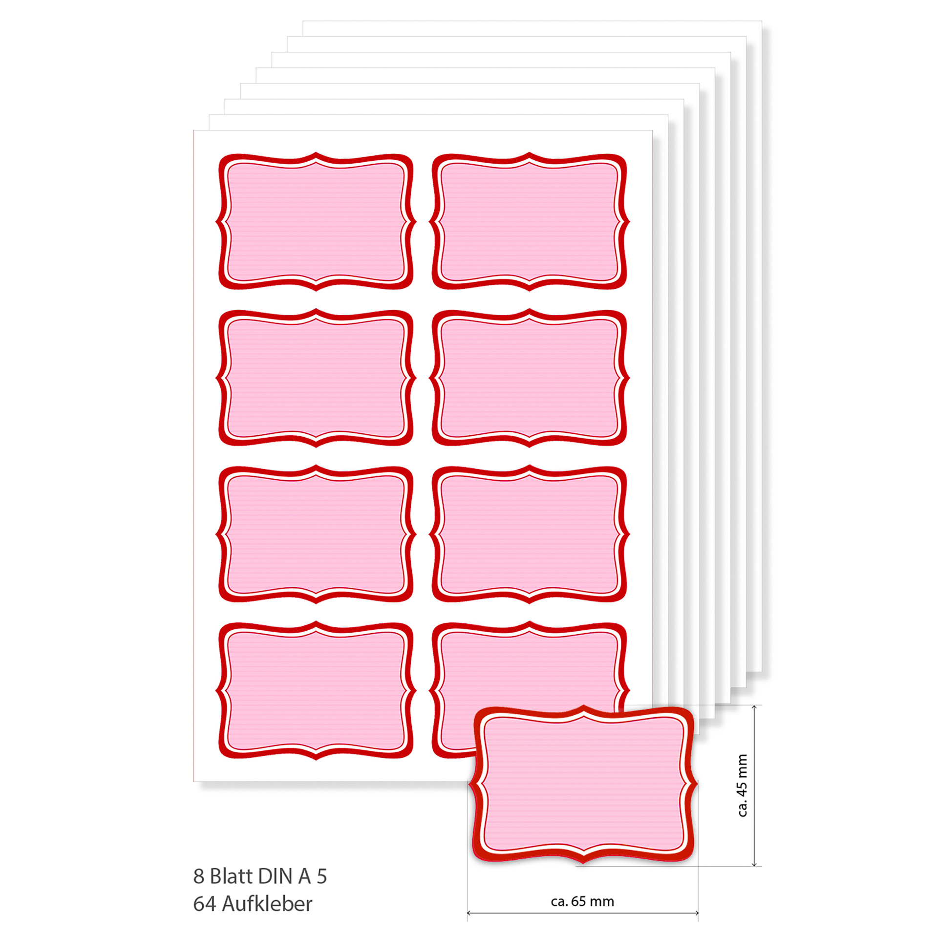 Etiketten 65 x 45 mm rot gestreift, A5, 64 Stück
