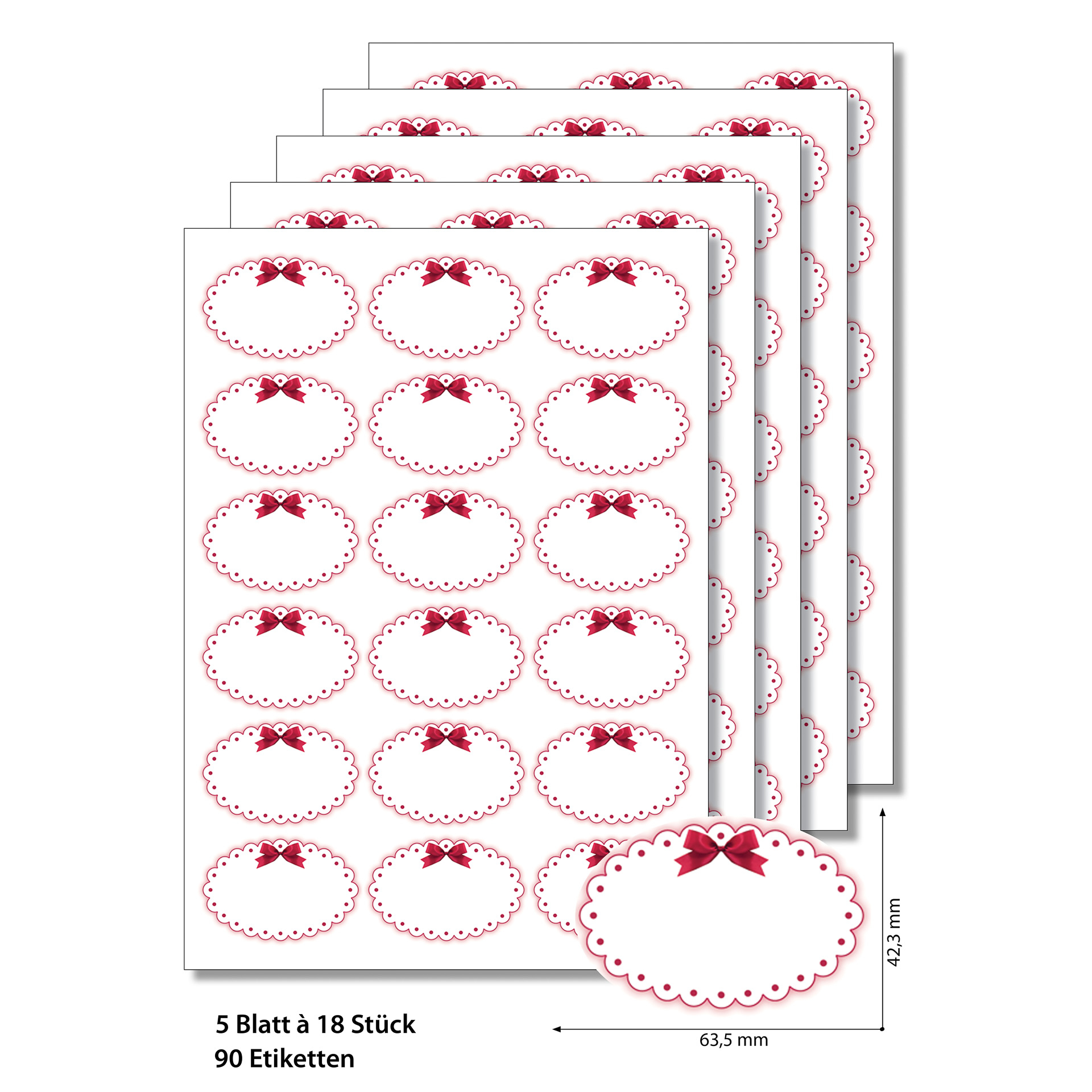 Etiketten oval 'Roter Rahmen mit Schleife' - 50 Blatt A4