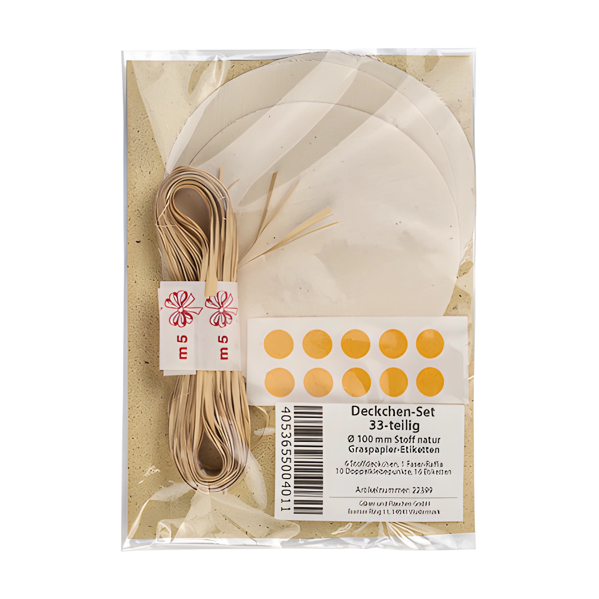 Deckchen-Set Ø 100 mm natur mit Grasetiketten, 33-teilig
