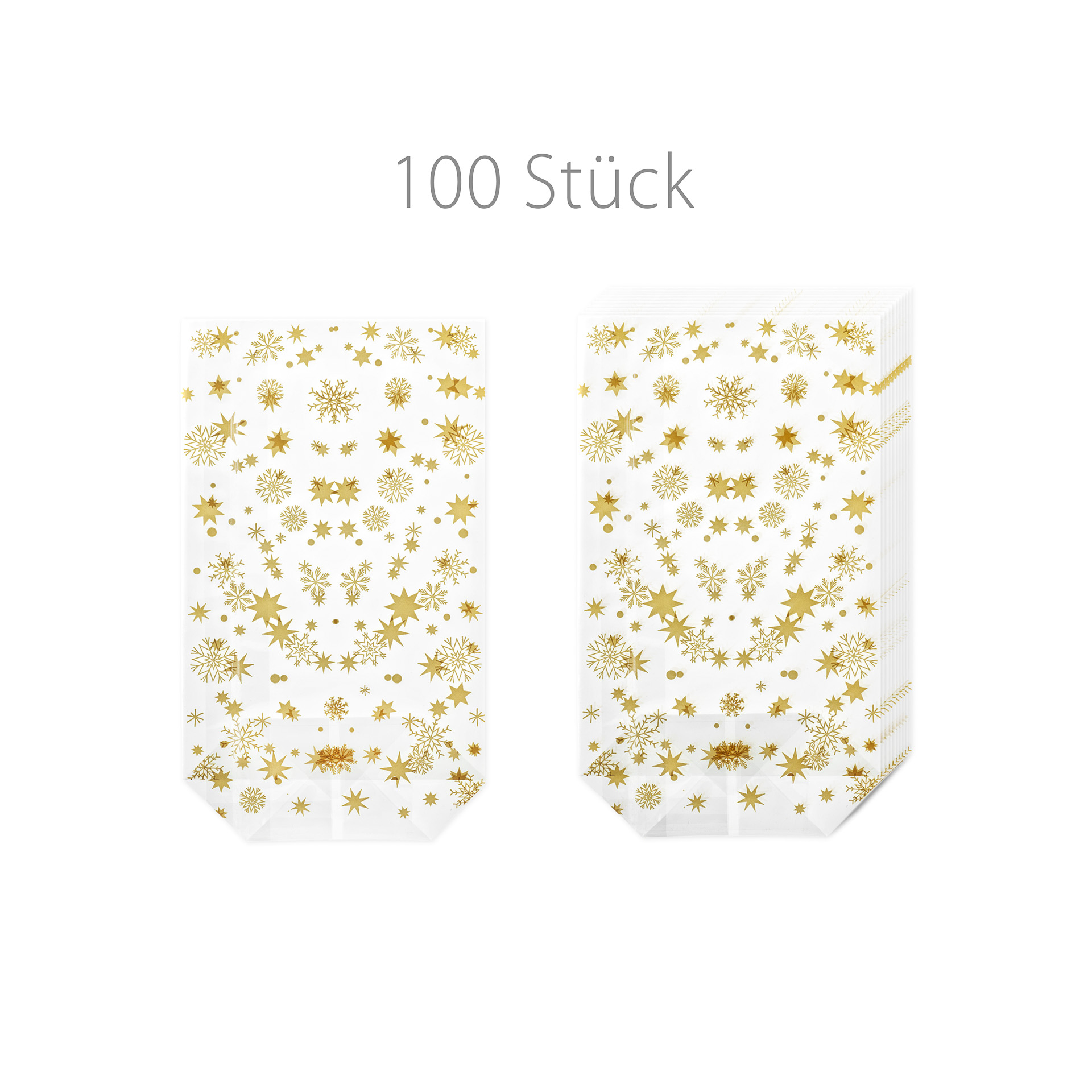 Kreuzbodenbeutel 'Sterne' gold  95 x 160 mm,  100 Stück