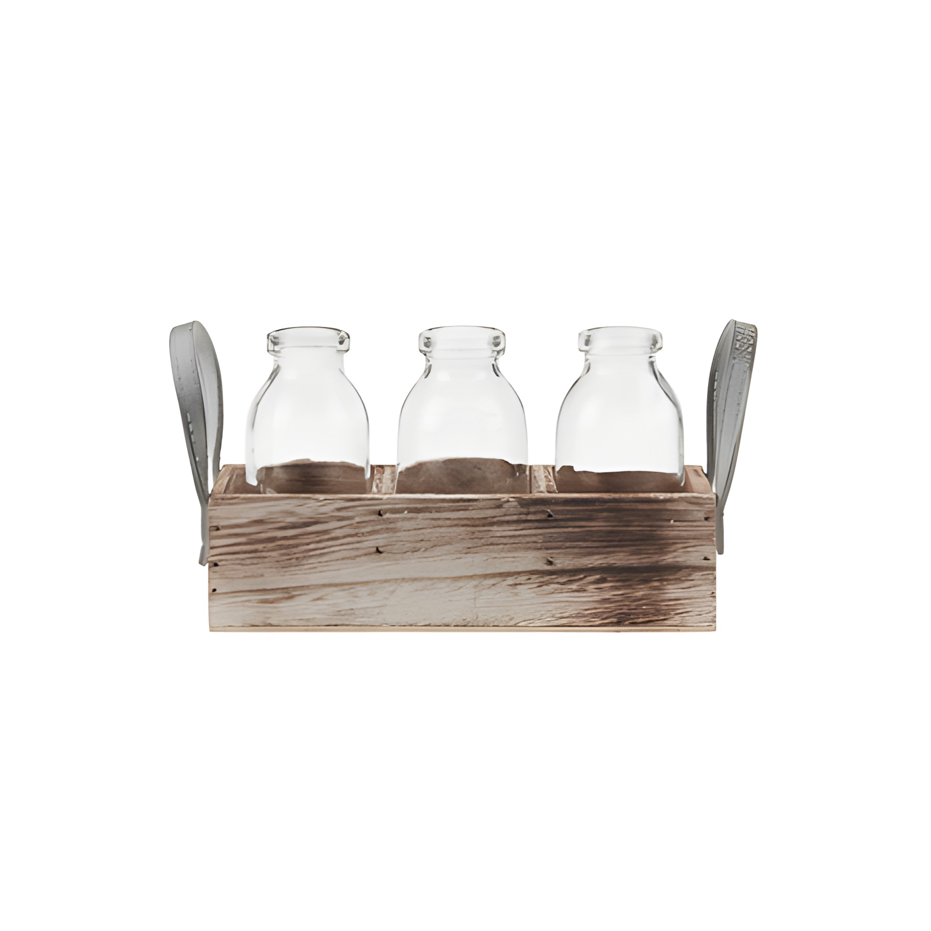 Deko-Flaschen 115 ml im 3er Holzkorb mit Griffen