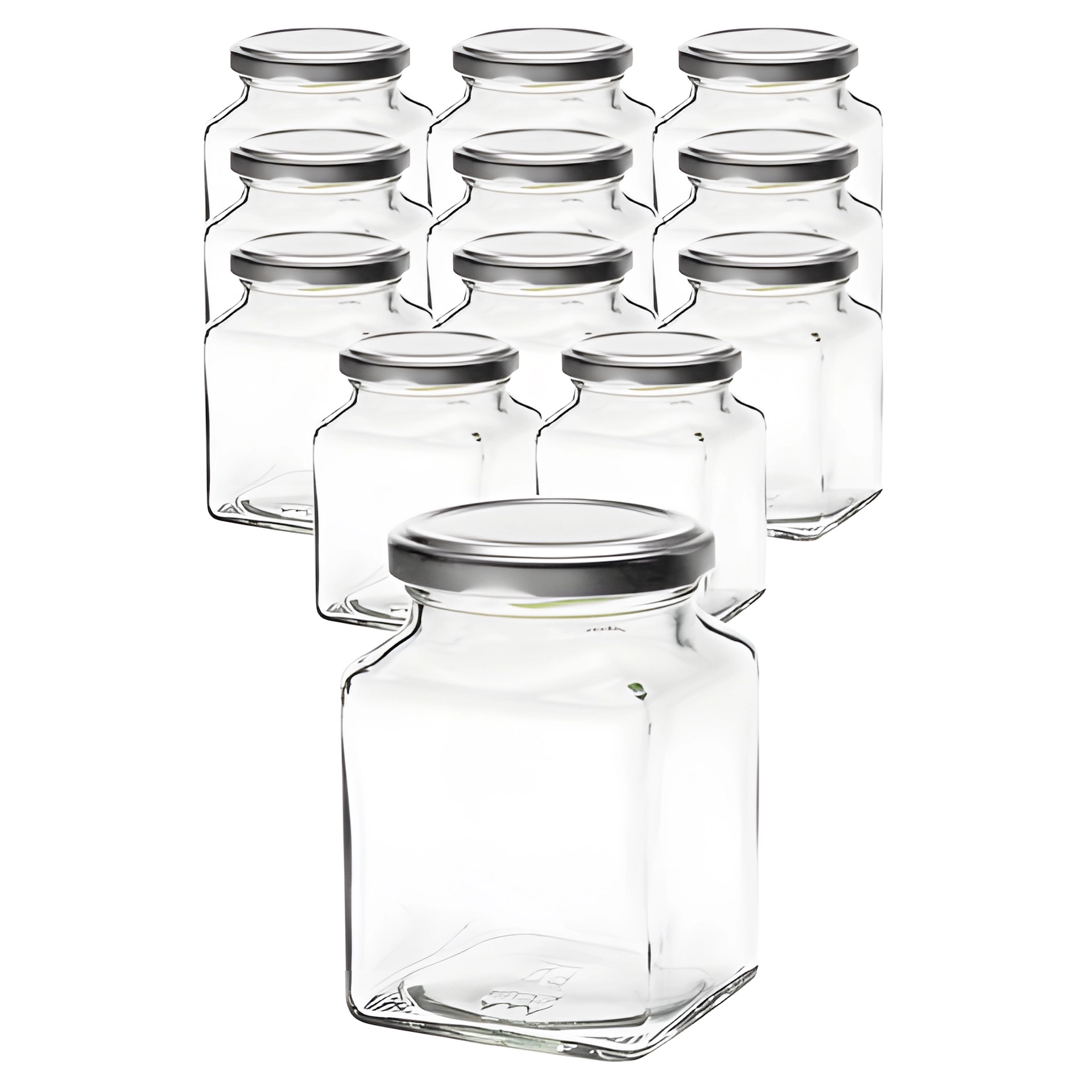 12er Set Quadratglas 314 ml mit Deckel silber