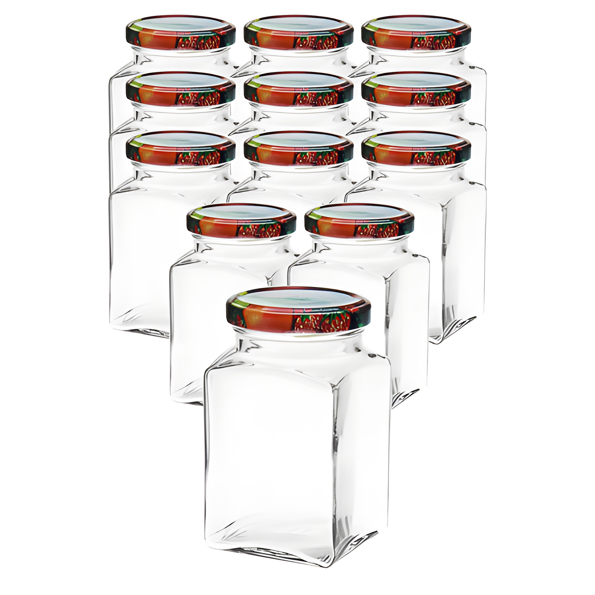 12er Set Quadratglas 260 ml mit Deckel Obstdekor