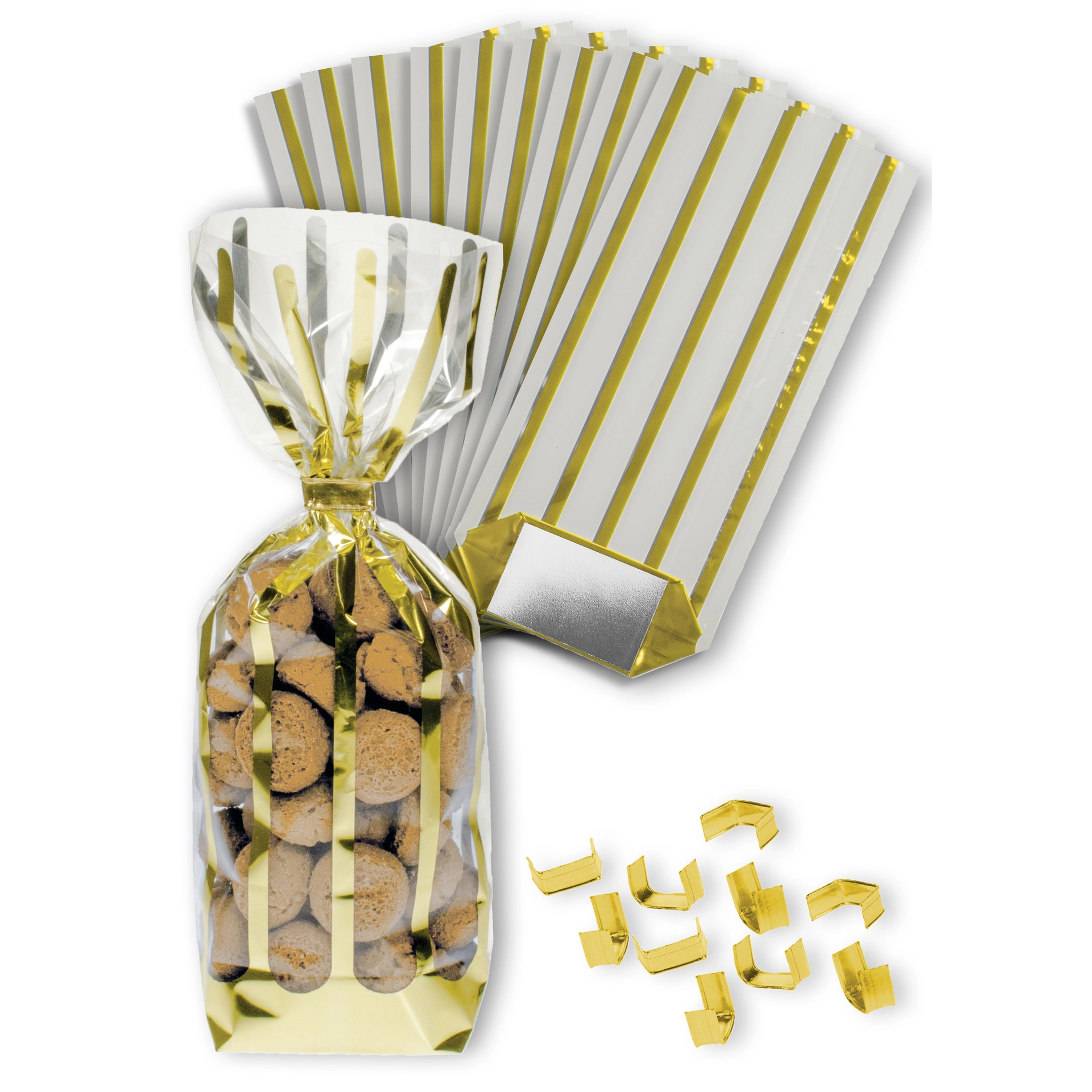 Kreuzbodenbeutel 'King gold' 100 x 220 mm, 10 Stück mit Clips