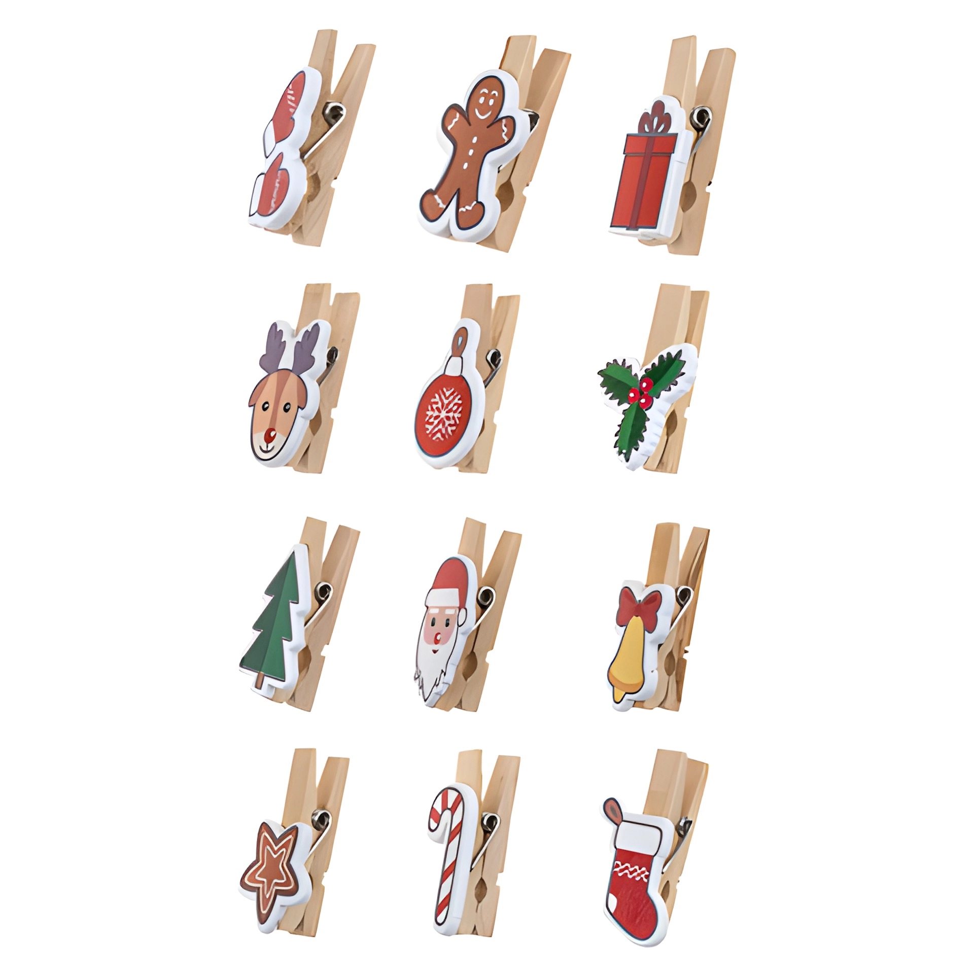 Holzklammern 'Weihnachten' mit Juteschnur, 12 Stück