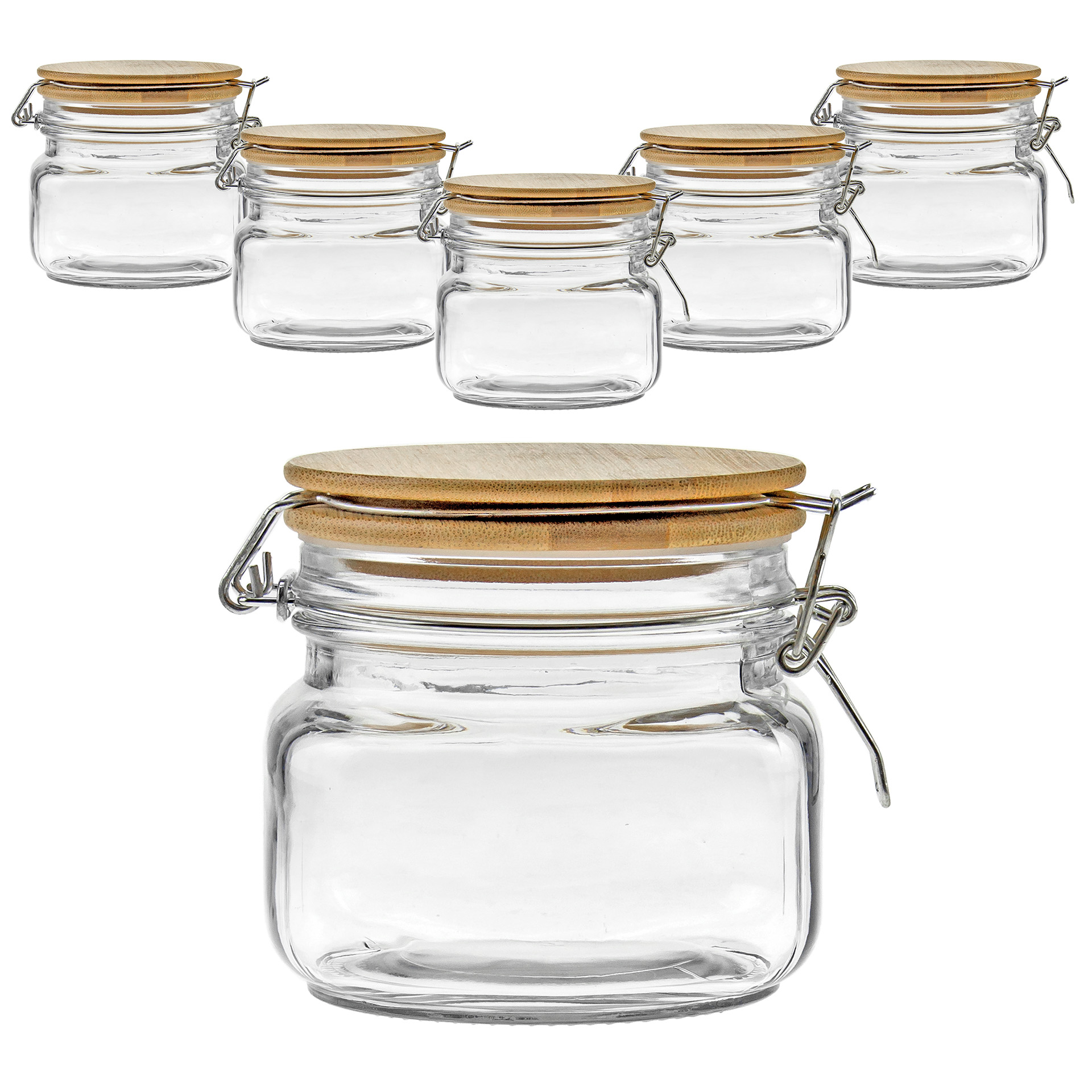 Bügelglas 500 ml eckig mit Bambusdeckel, 6 Stück