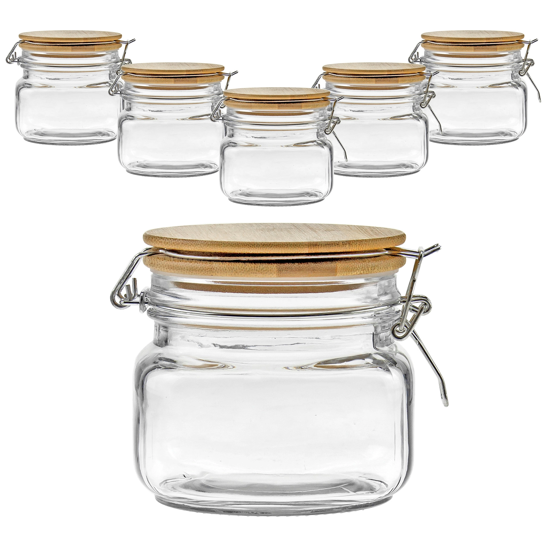 Bügelglas 500 ml eckig mit Bambusdeckel, 6 Stück