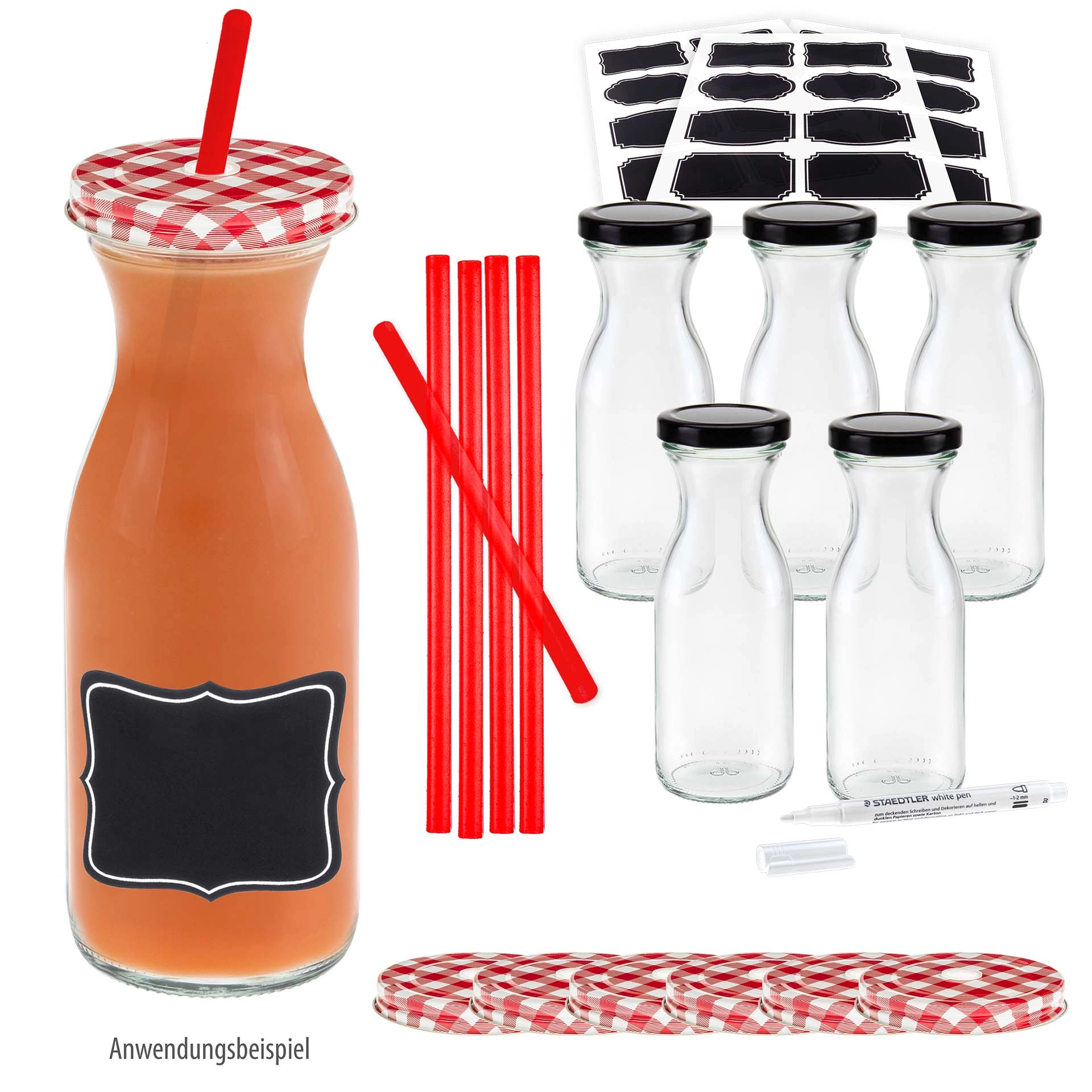 Karaffenflasche 250 ml mit Trinkhalmdeckel, 6er Set