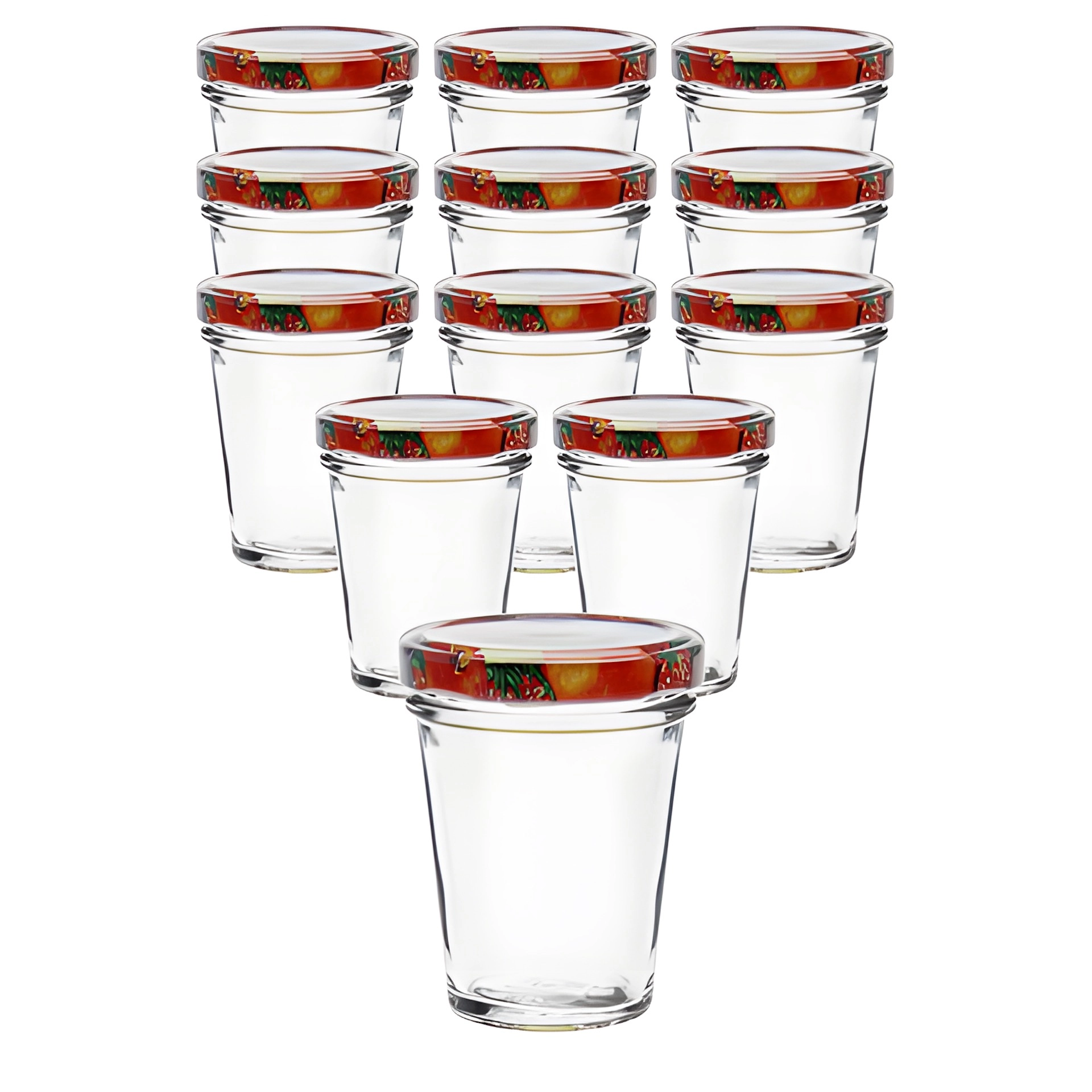 12er Set Becherglas 65 ml TO 58 mit Deckel Obstdekor