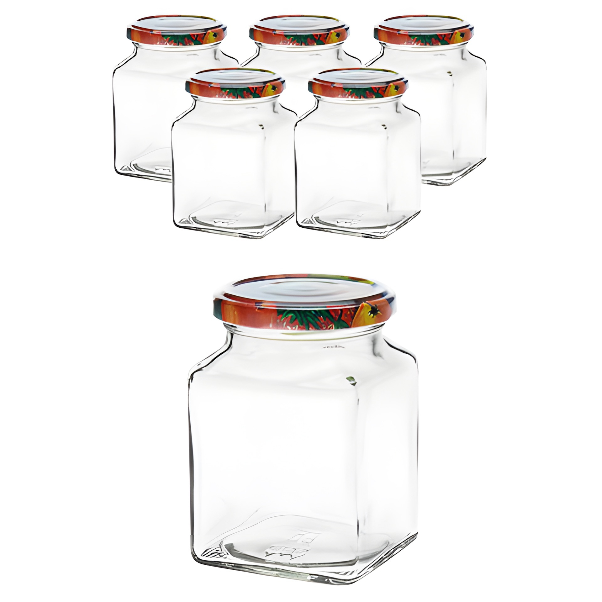 6er Set Quadratglas 314 ml mit Deckel Obstdekor