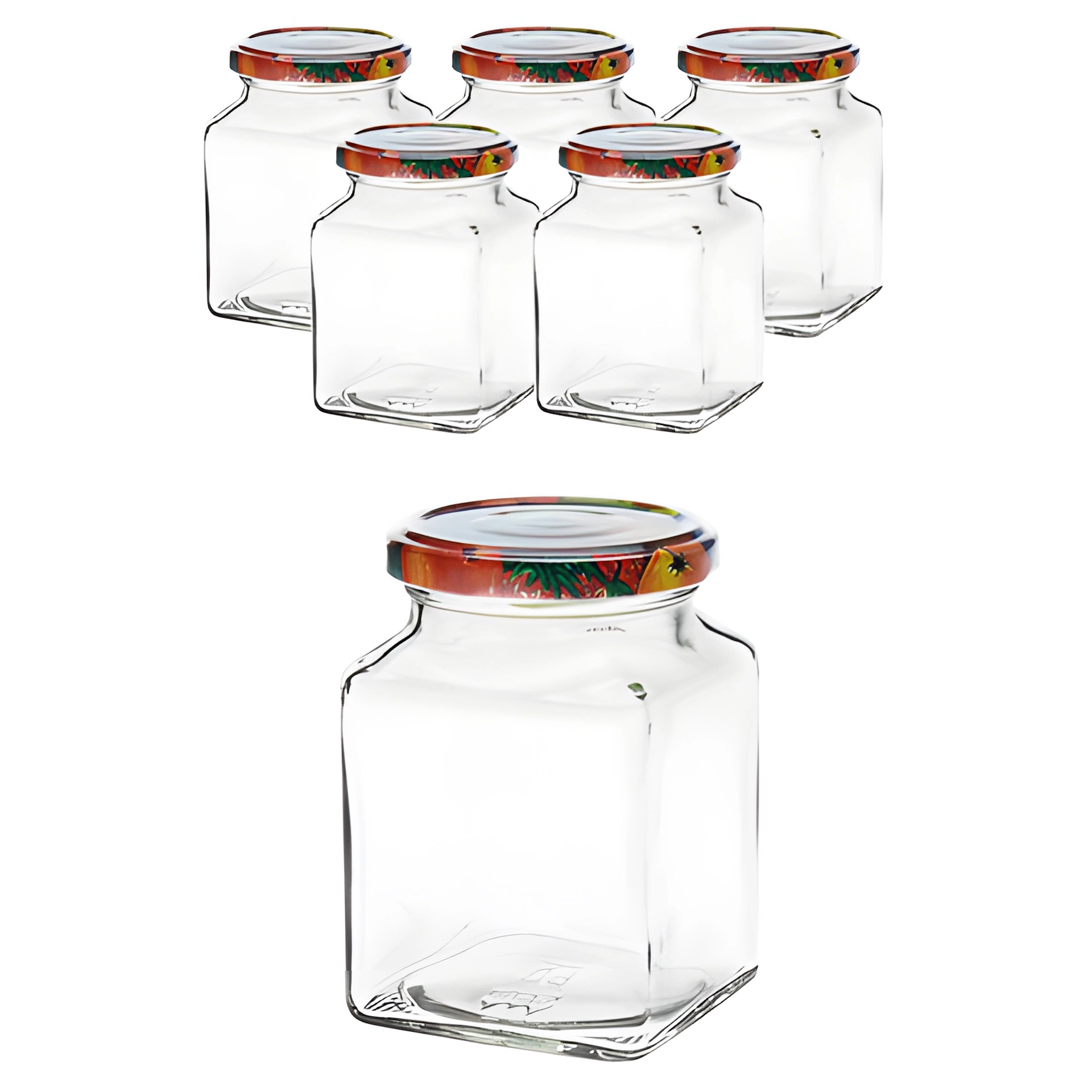 6er Set Quadratglas 314 ml mit Deckel Obstdekor