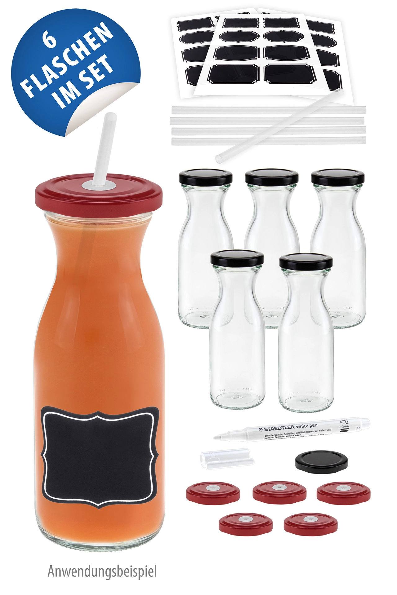 Karaffenflasche 250 ml mit Trinkhalmdeckel, 6er Set