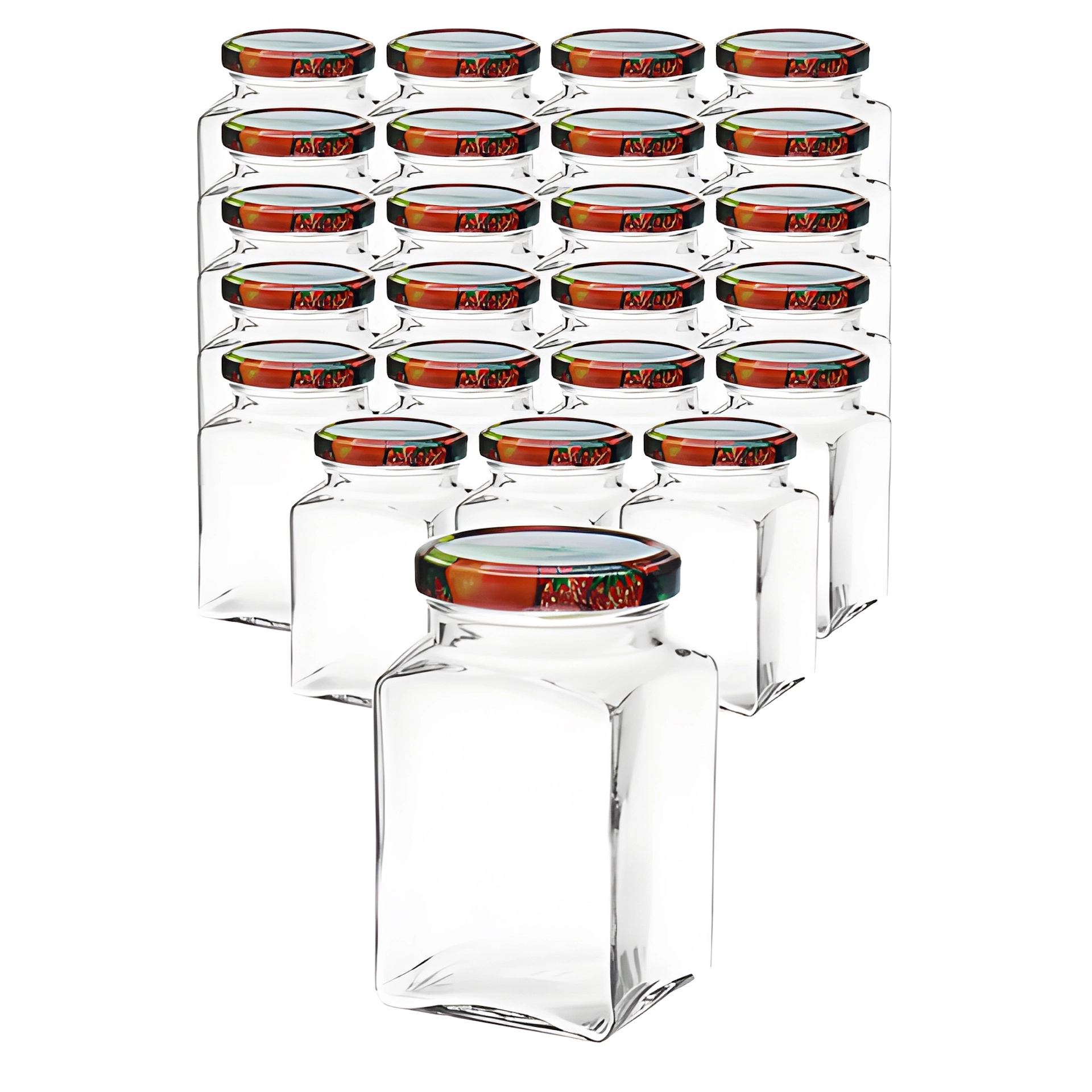 24er Set Quadratglas 260 ml mit Deckel Obstdekor