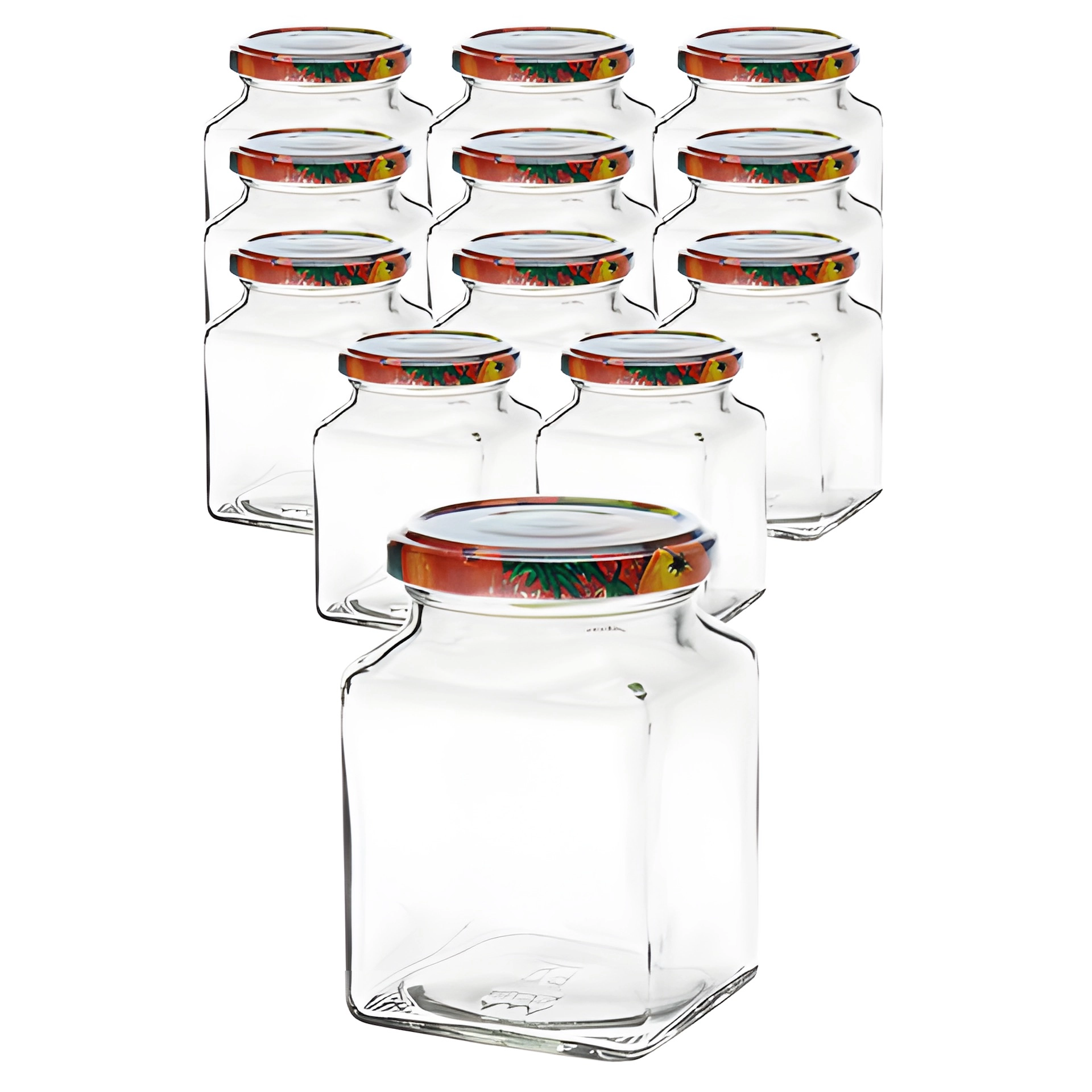 12er Set Quadratglas 314 ml mit Deckel Obstdekor