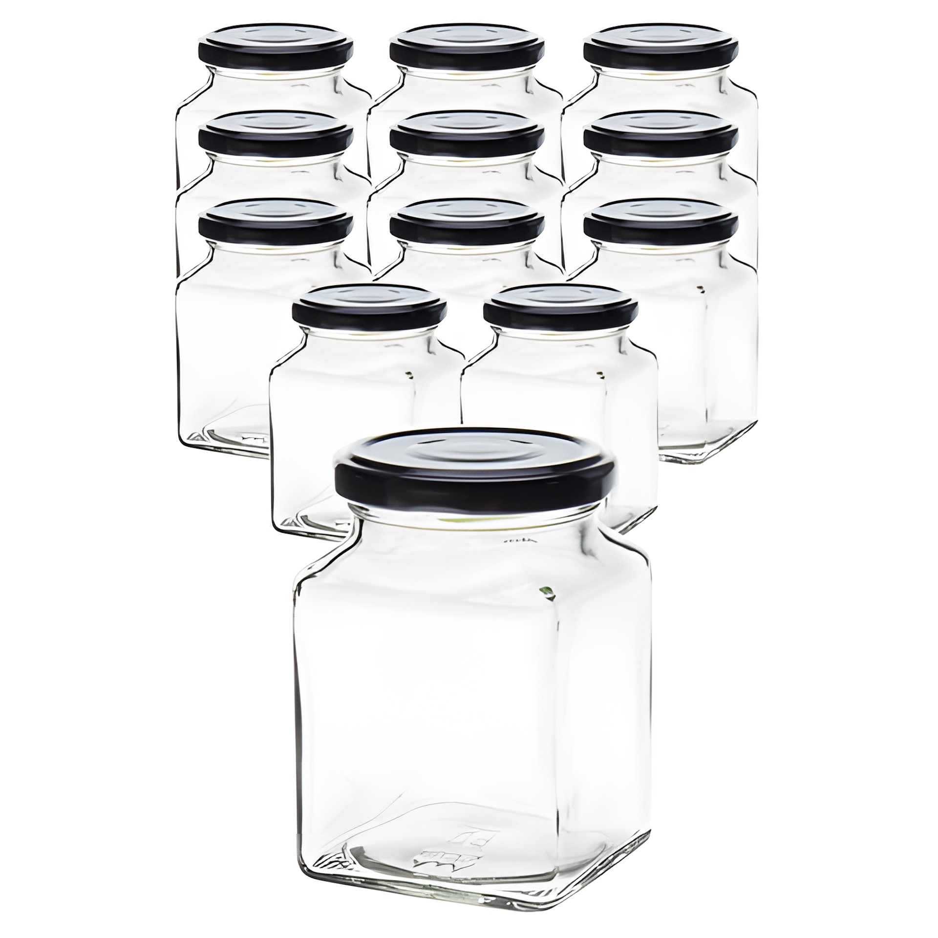 12er Set Quadratglas 314 ml mit Deckel schwarz