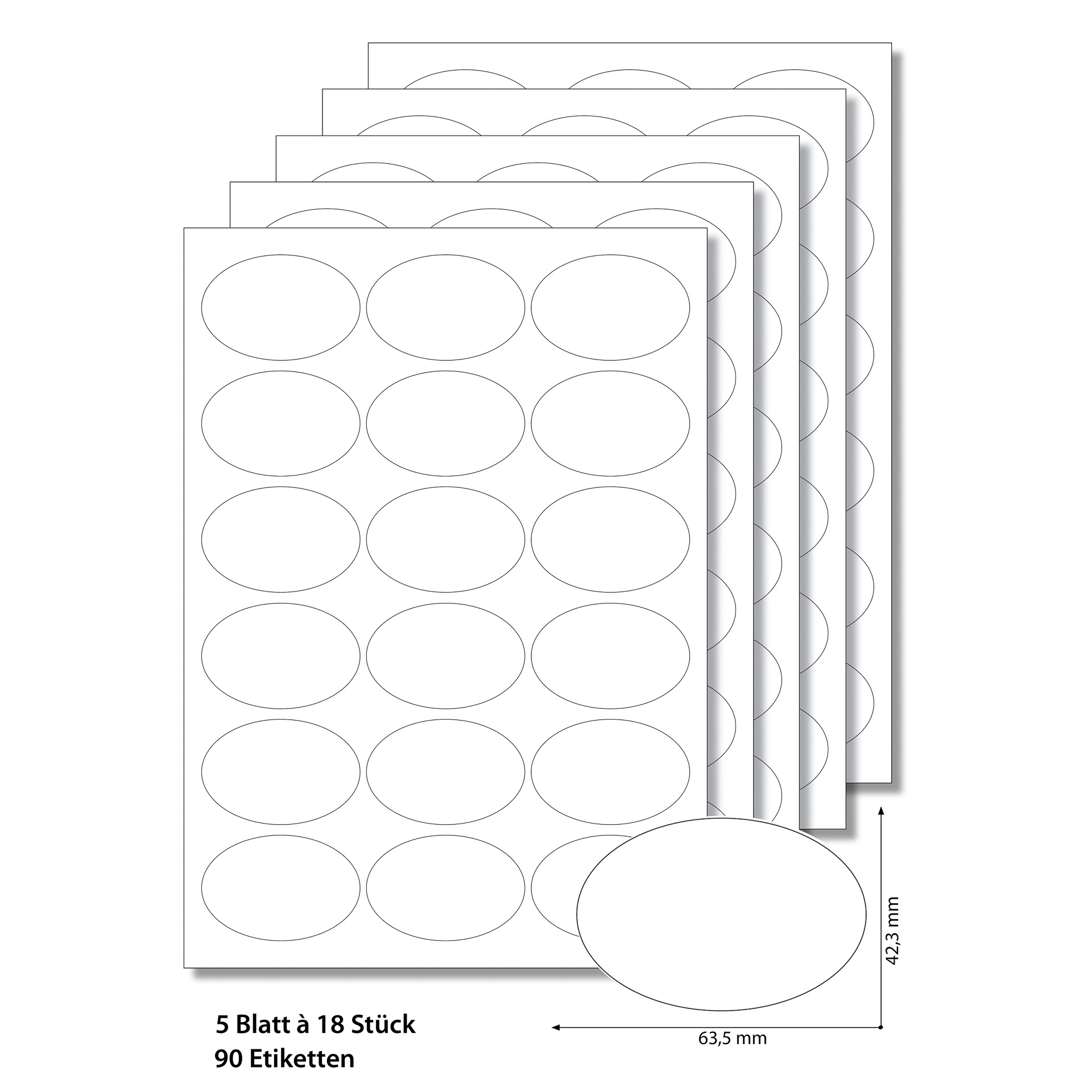 Etiketten oval 63,5 x 42,3 mm weiß -  5 Blatt A4
