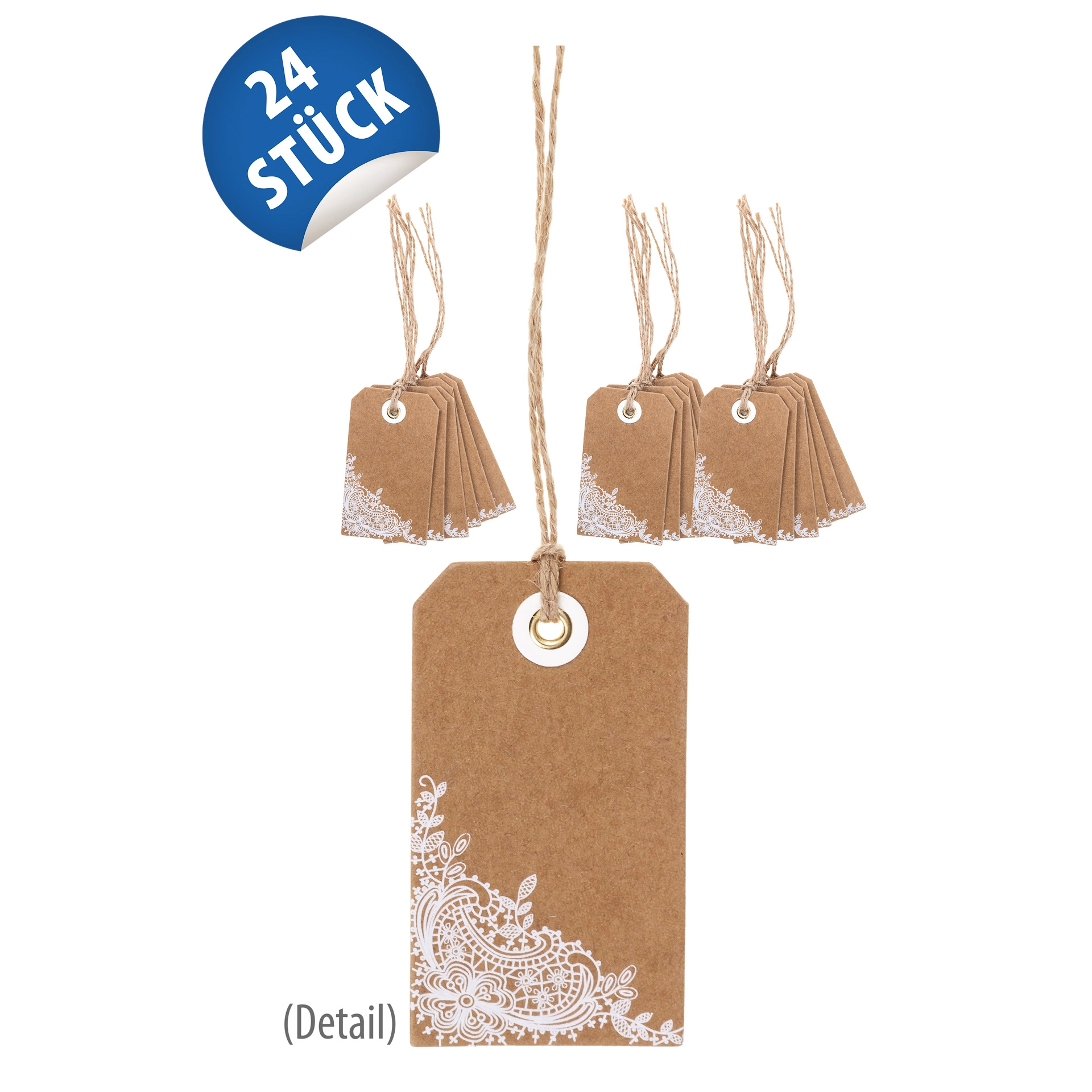 Anhängeetiketten 'Eckbordüre' 4,5 x 8 cm natur, 24 Stück