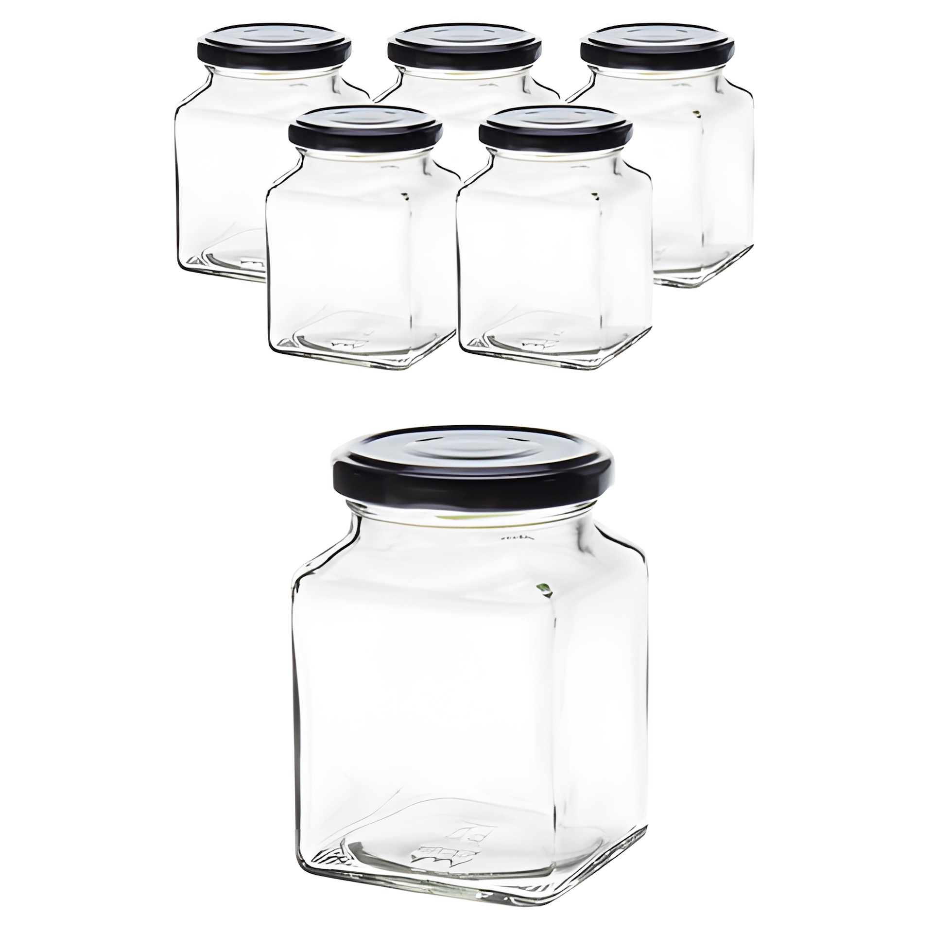 6er Set Quadratglas 314 ml mit Deckel schwarz