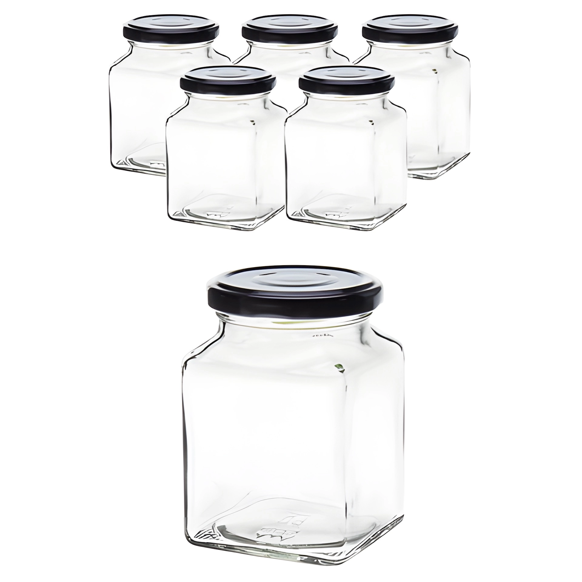 Quadratglas mit Deckel schwarz, 6er Set, 314 ml, 200 ml, Schwarz, Einmachglas