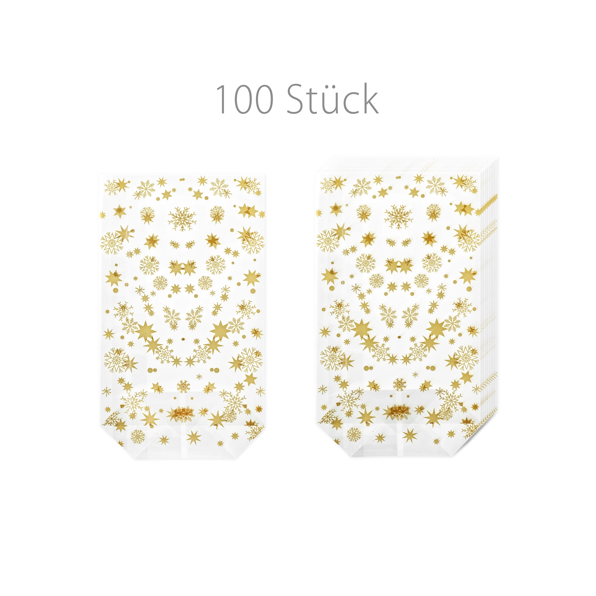 Kreuzbodenbeutel 'Sterne' gold  95 x 160 mm,  100 Stück