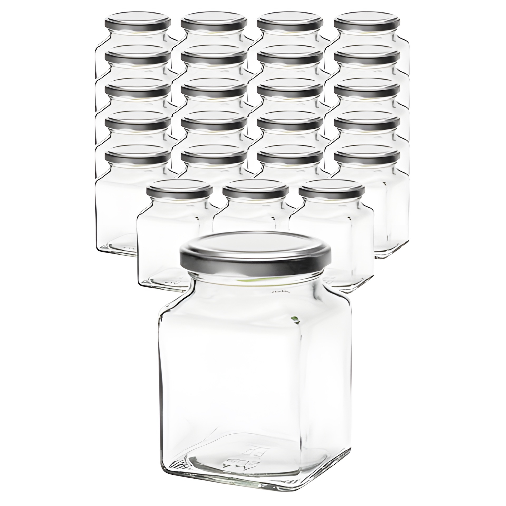 24er Set Quadratglas 314 ml mit Deckel silber