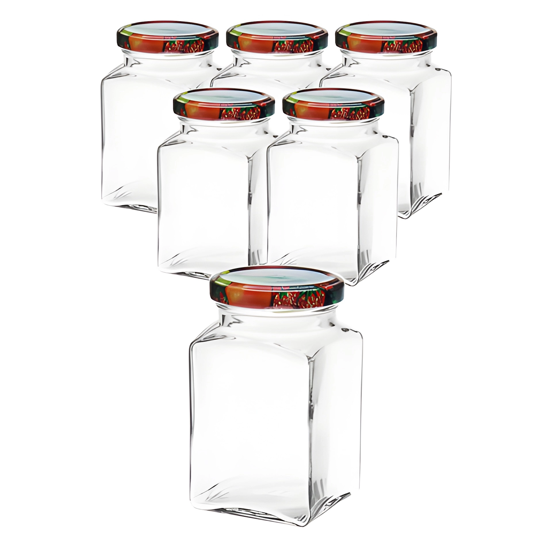 6er Set Quadratglas 260 ml mit Deckel Obstdekor