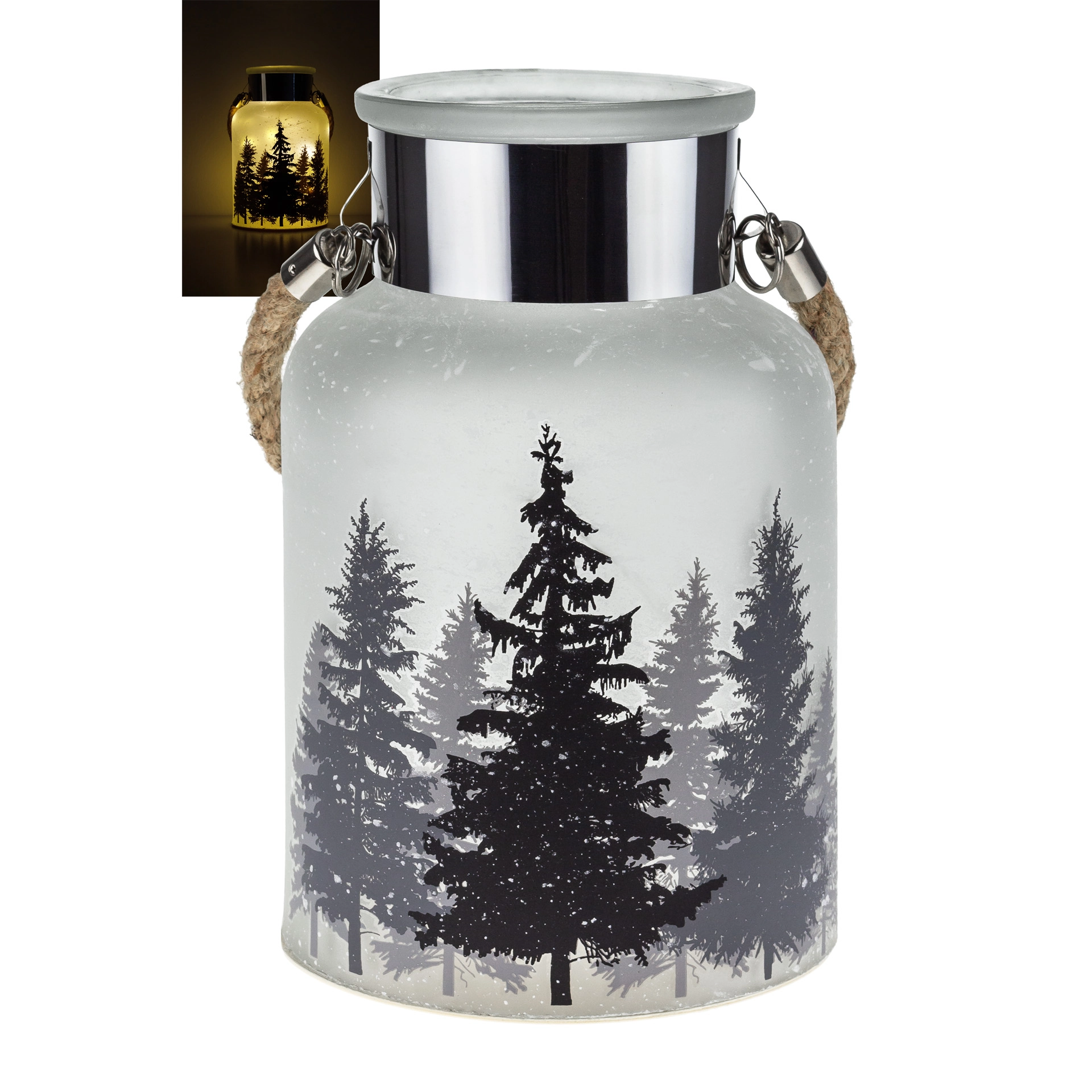 Deko-Glaslampe 'Tannenwald im Schnee' 24 cm, 10 LEDs