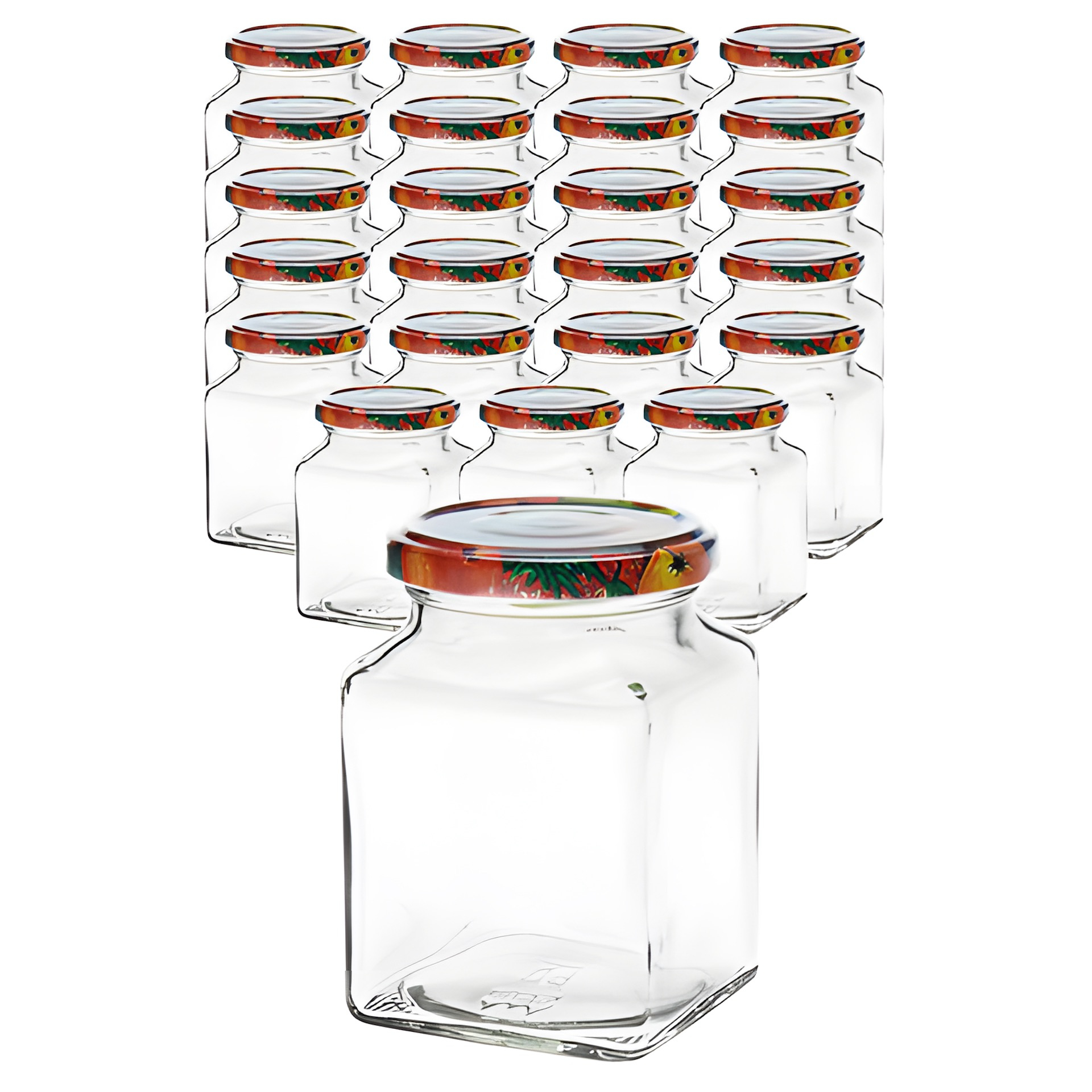 24er Set Quadratglas 314 ml mit Deckel Obstdekor