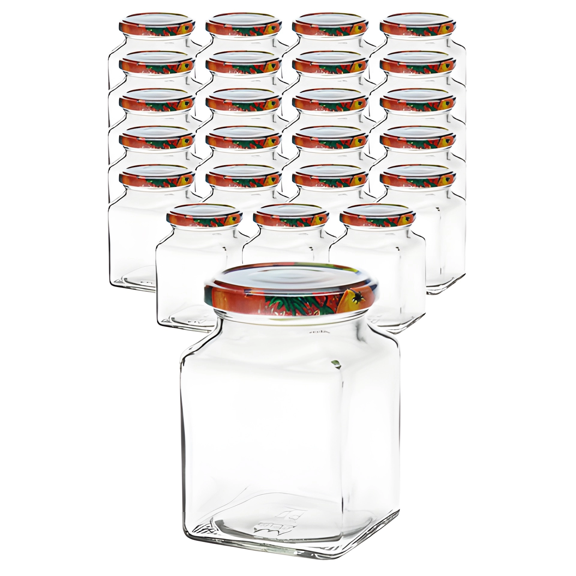 24er Set Quadratglas 314 ml mit Deckel Obstdekor