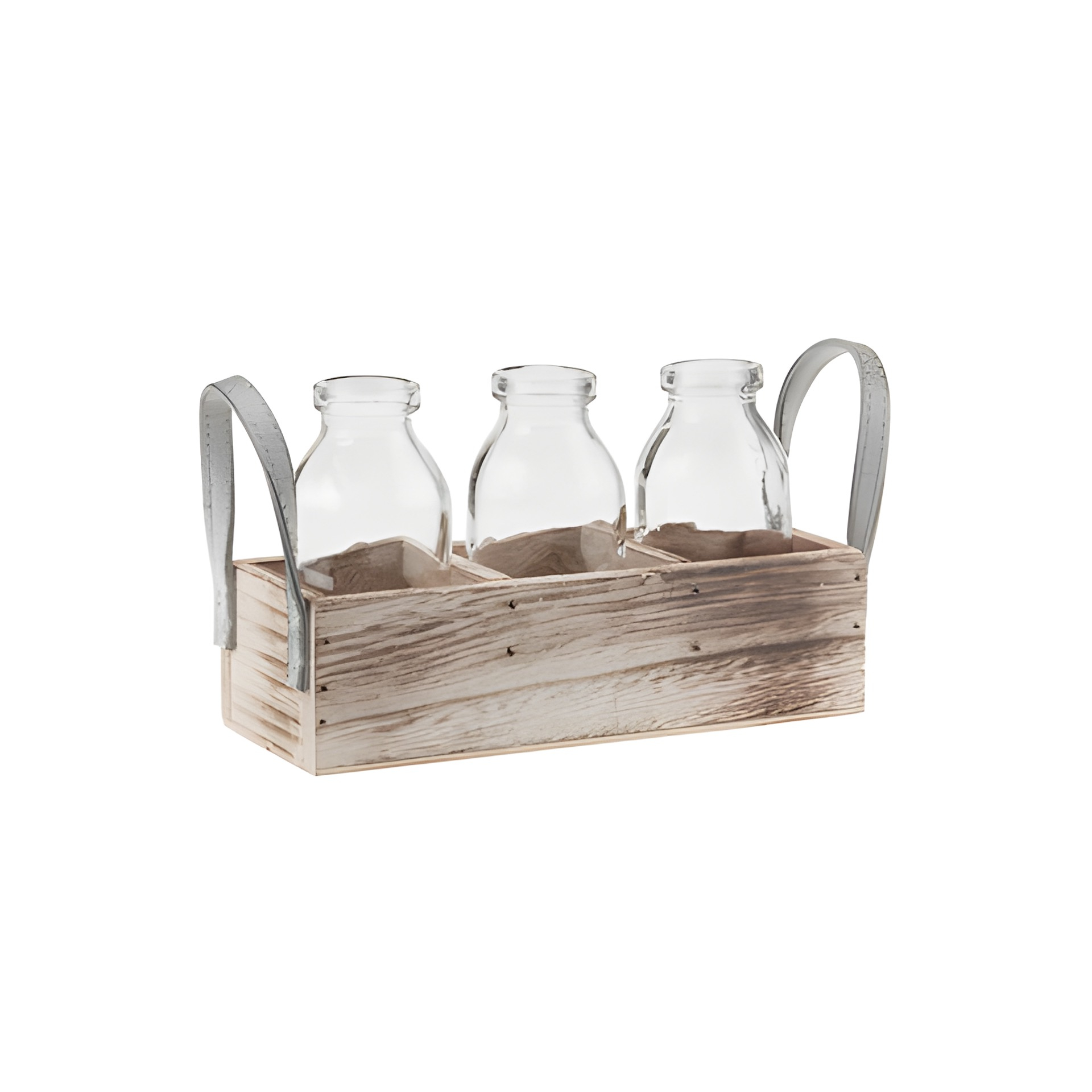 Deko-Flaschen 115 ml im 3er Holzkorb mit Griffen