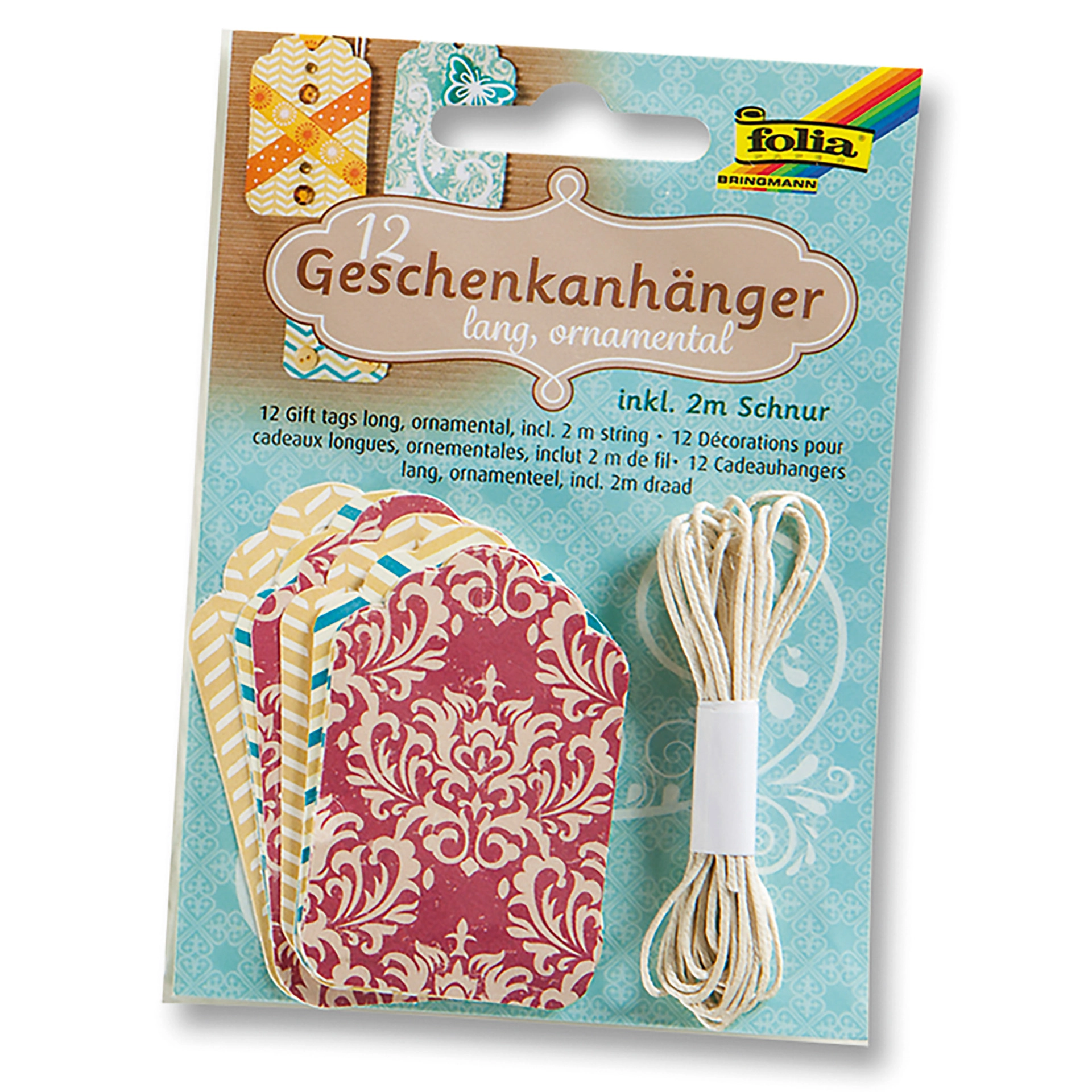 Folia Anhängeetikett lang, ornamental, 12 Stück