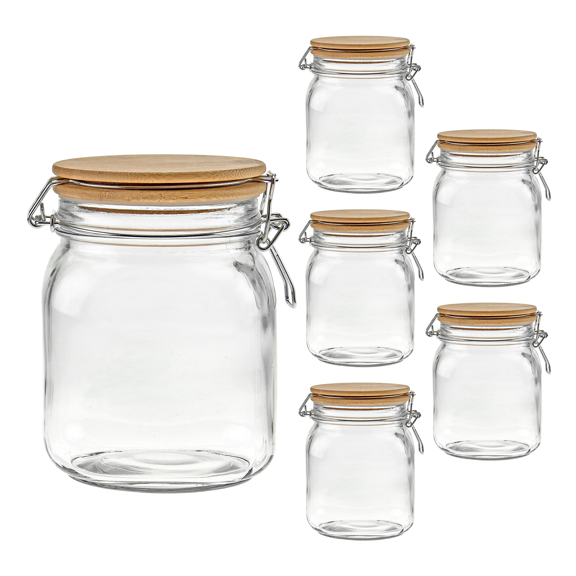 Bügelglas 1000 ml eckig mit Bambusdeckel, 6 Stück