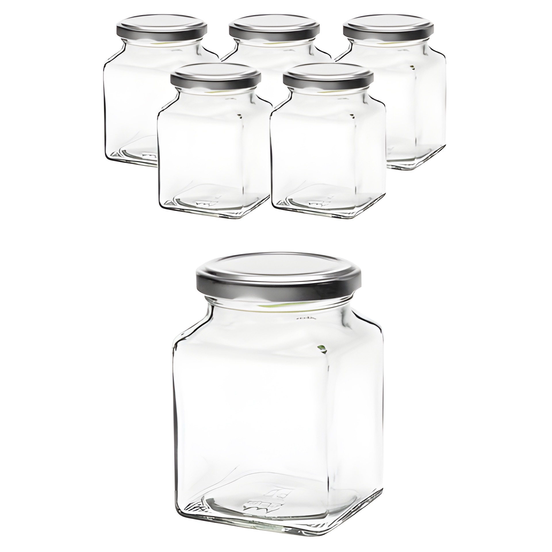 6er Set Quadratglas 314 ml mit Deckel silber