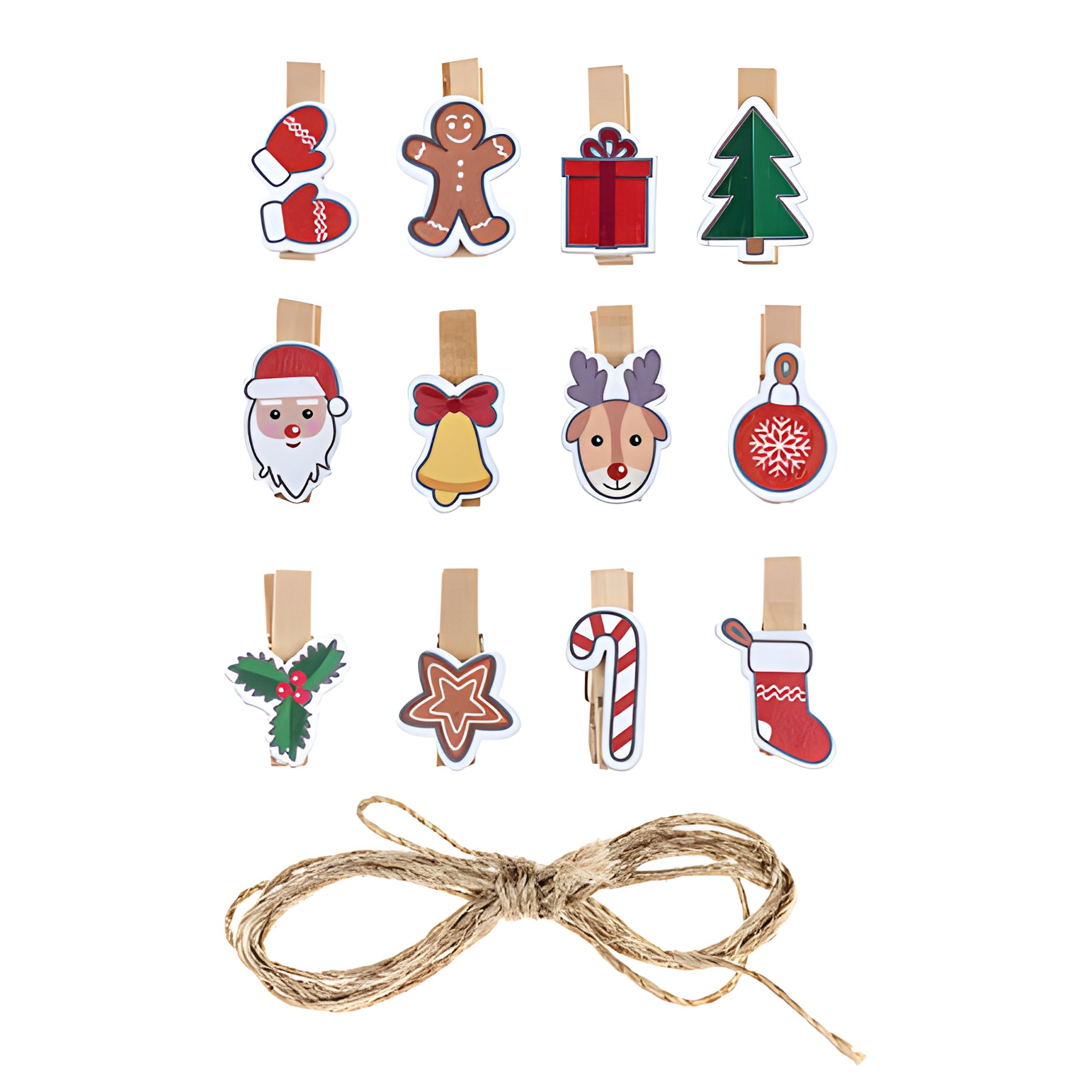 Holzklammern 'Weihnachten' mit Juteschnur, 12 Stück