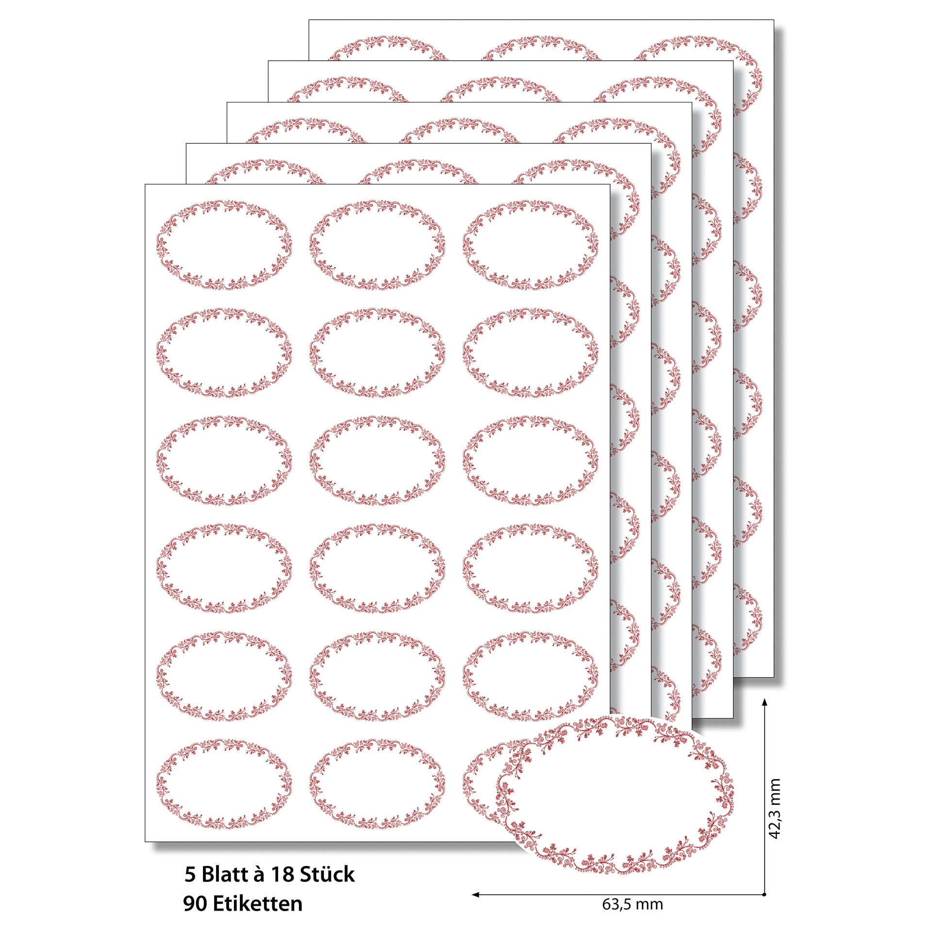 Etiketten oval 'Ornamente' rot -   5 Blatt A4