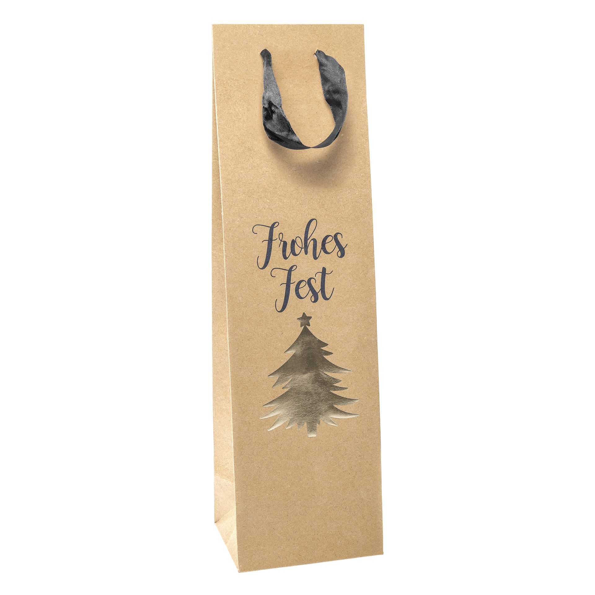 Flaschentasche 'Frohes Fest' natur, 10 x 8 x 35 cm