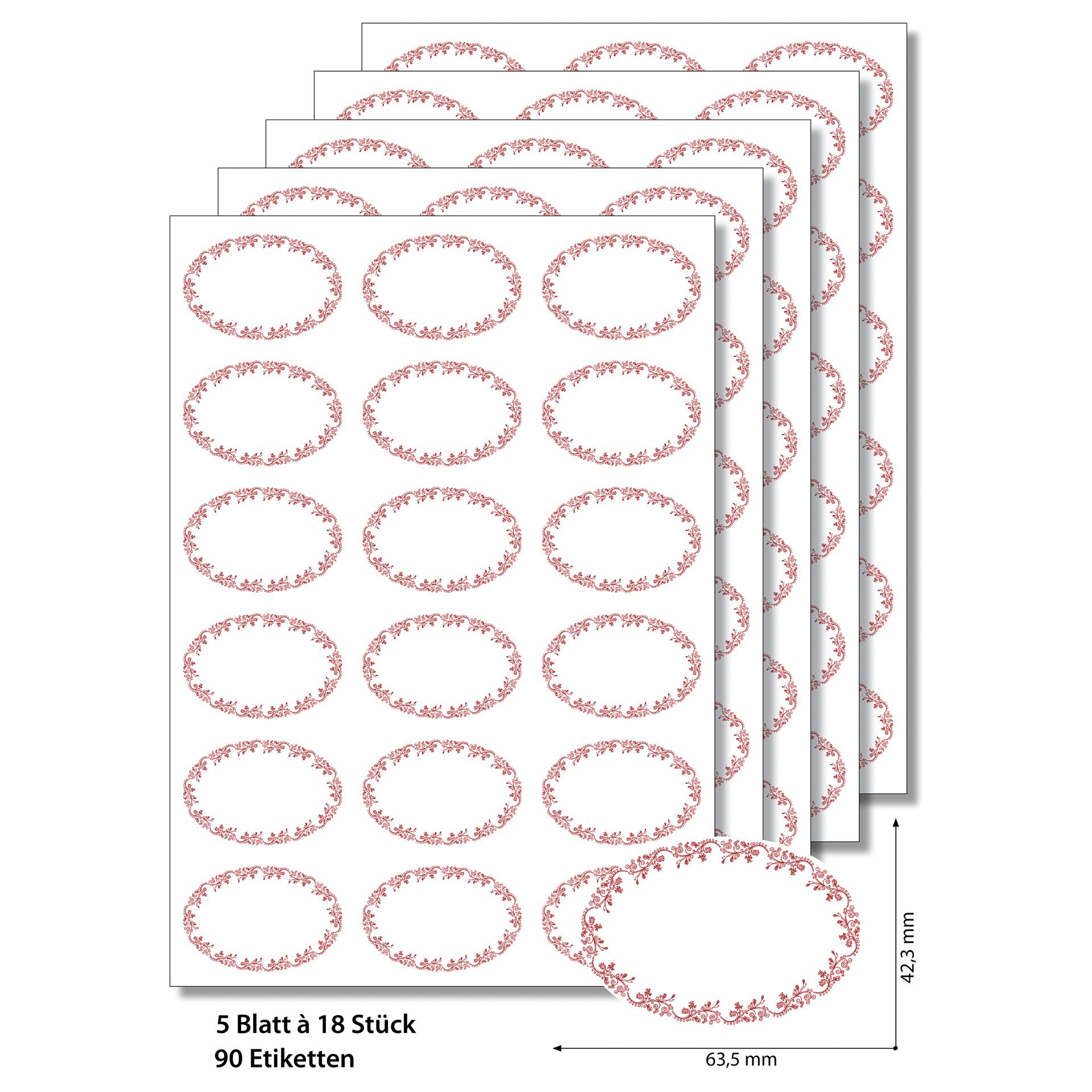 Etiketten oval 'Ornamente' rot - 50 Blatt A4
