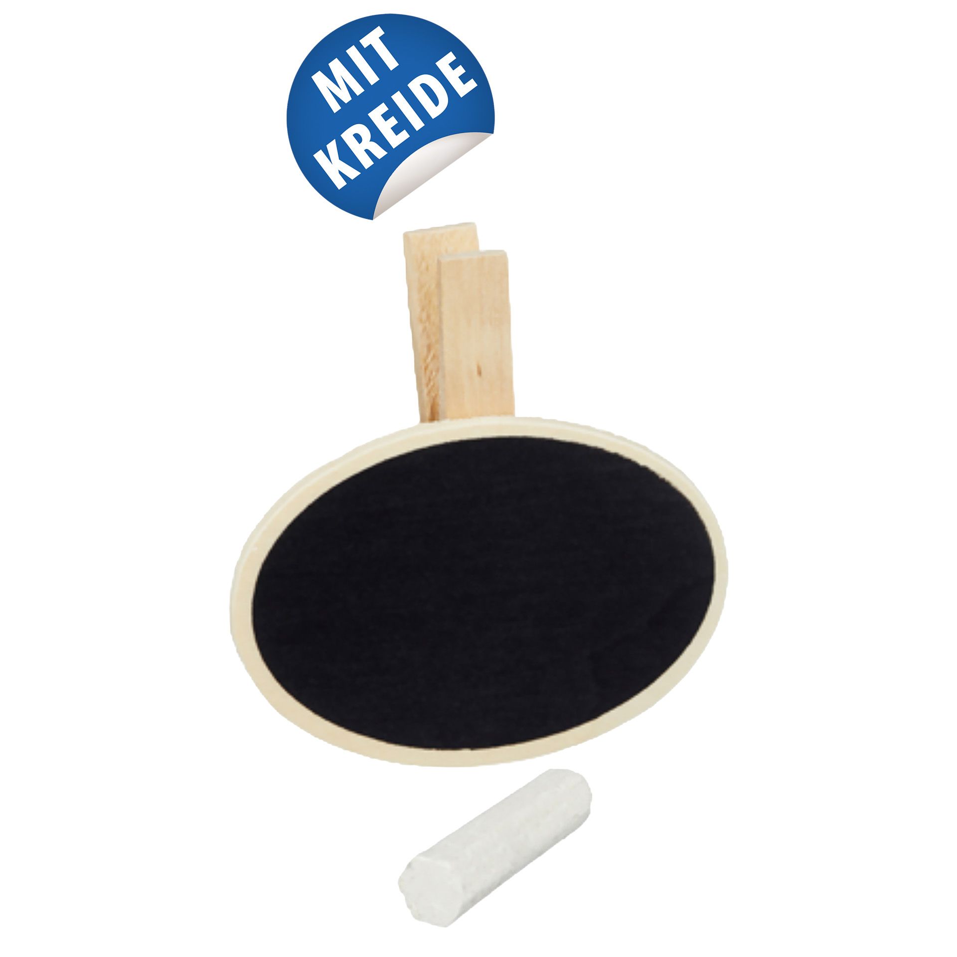 Holzklammer mit Tafel, oval, 7 x 6 cm + Kreide